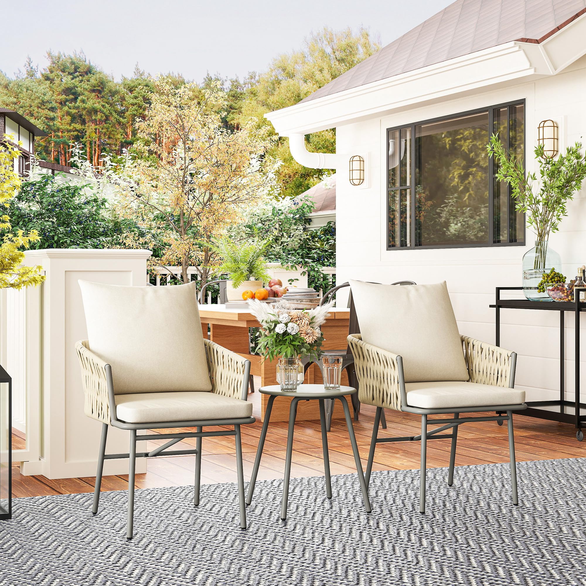 Outsunny Conjunto de Jardín Exterior de 3 Piezas Muebles de Jardín con 2 Sillas con Cojines Extraíbles Lavables y Mesa Terraza con Tablero de Metal Impermeable Anti-UV para Balcón Patio Gris y Crema