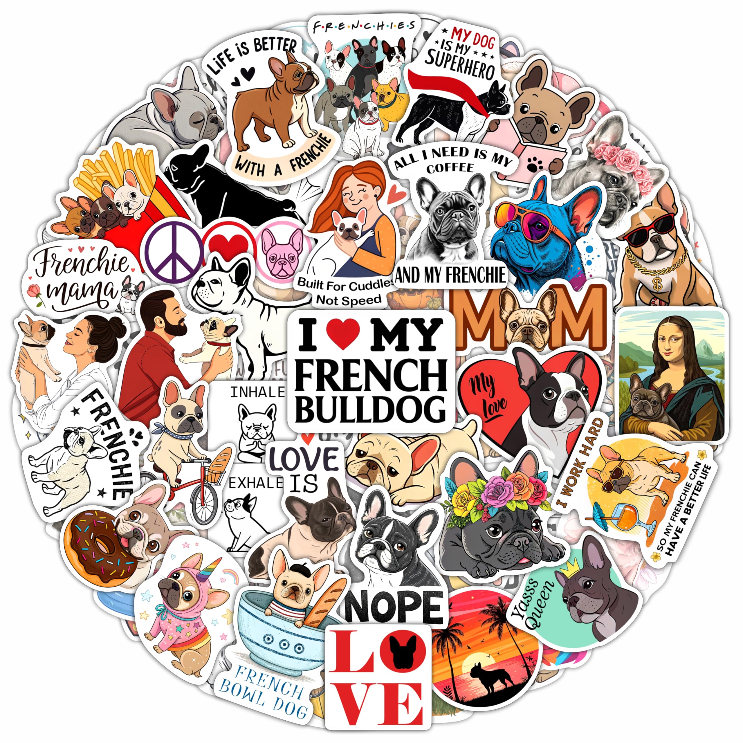100Pcs French Bulldog Stickers for Water Bottle, Laptop - French Bulldog Gifts, Party Favors & Decorations - Bull Dog Stickers, Decals - Gift for Women & Men โ image 1