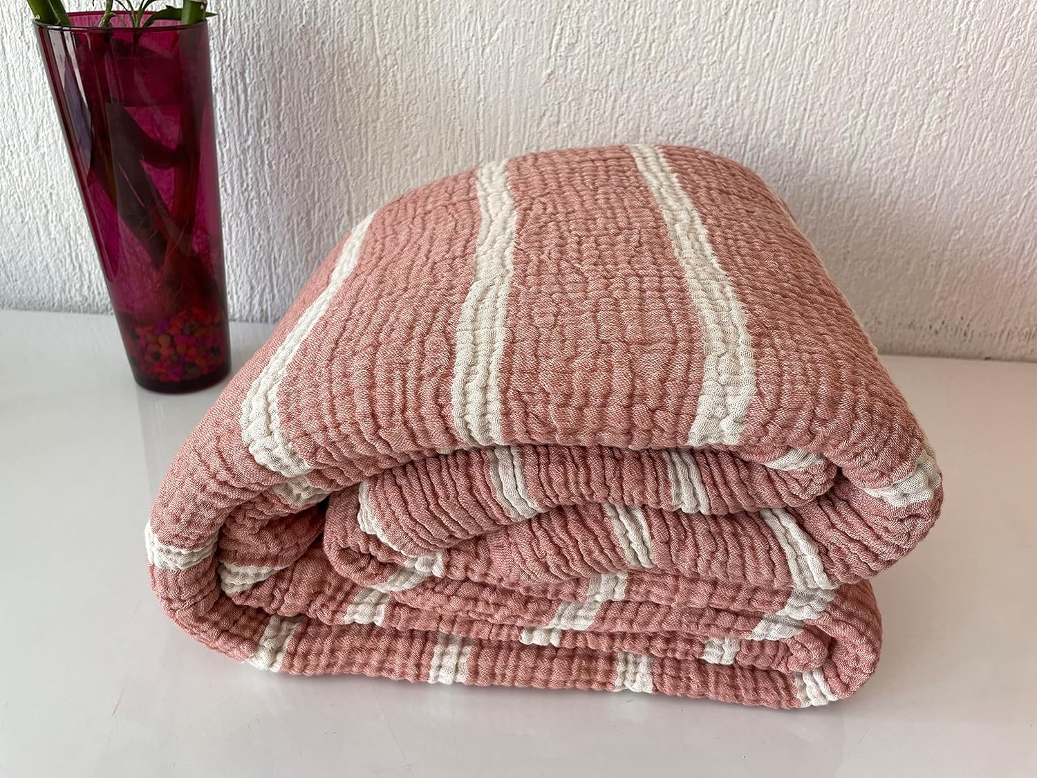 Muslin Blanket 100% Cotton, 4 Layers Bedspread, Soft Turkish Cotton Muslin Bed Cover, Reversible Coverlet, Striped Brick Red (King Size Two Pillowcase 20x36 (50x90cm))