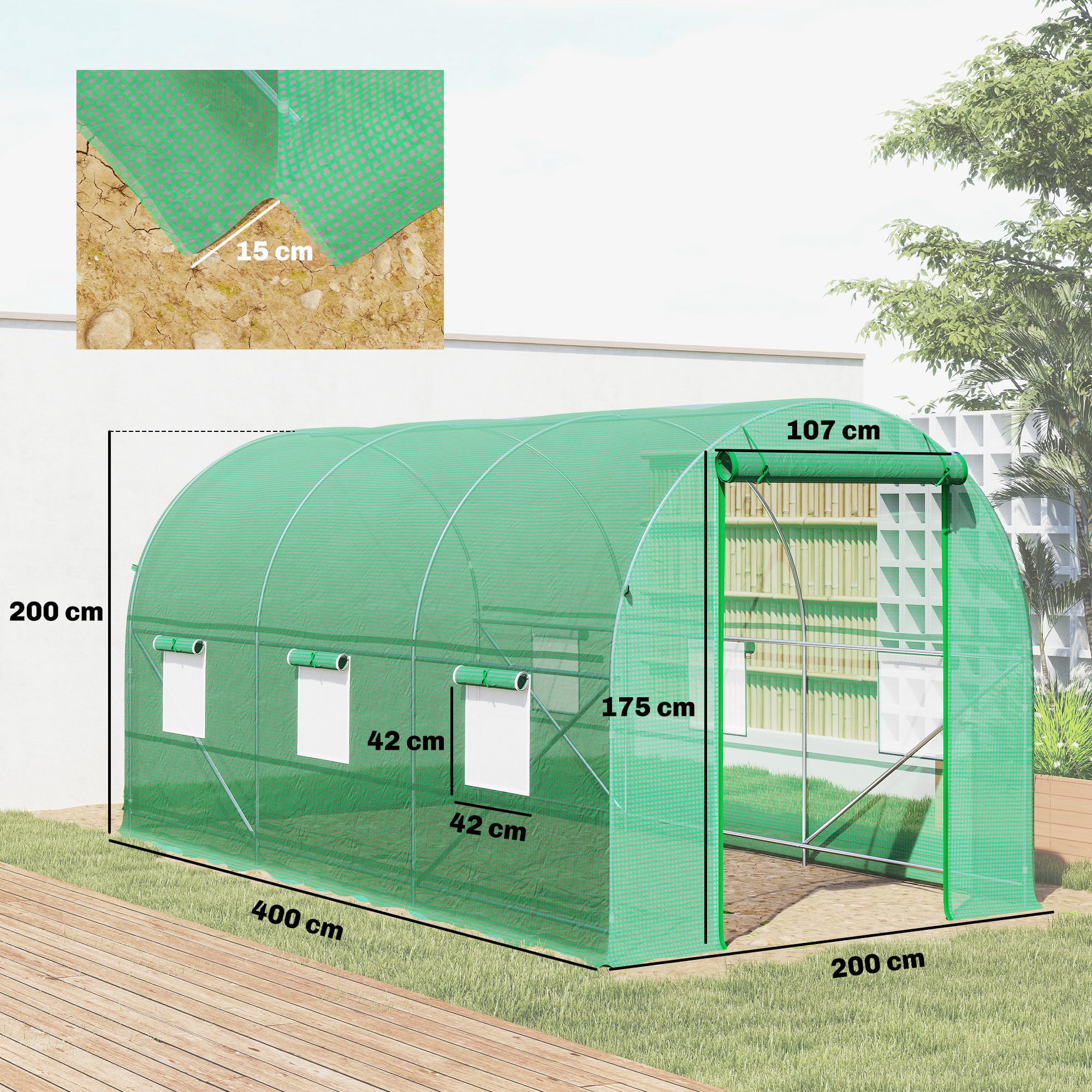 Outsunny Tunelowa Szklarnia 8m² Drzwi 6 Okien 400x200x200cm Zielony