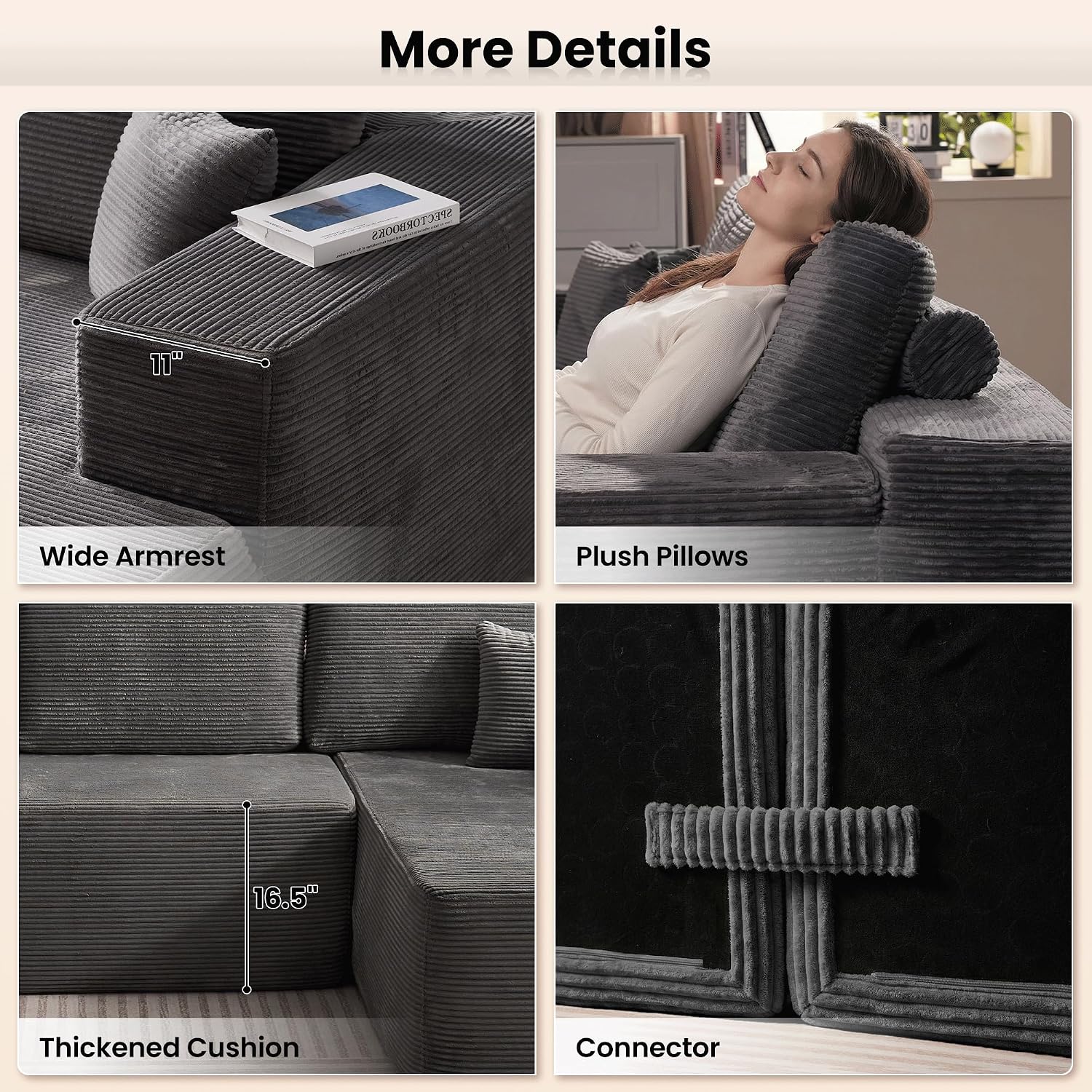 106" Cloud Sectional Couch with Chaise Lounge,L Shaped Modular Modern Sofa,Comfy Corduroy Fluffy Couches with Deep Seat,No Assembly Required Couch for Living Room(Right,Stripe Corduroy,Gray)