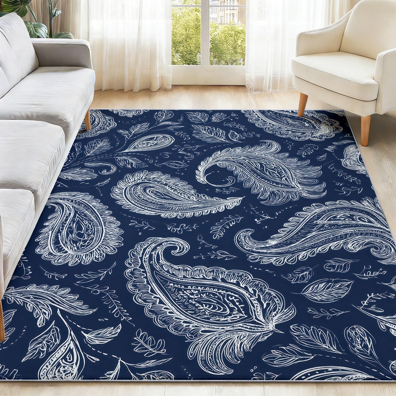Dywan do salonu, można prać w pralce, 160 x 230 cm, dywan Paisley, antypoślizgowy, białe liście kwiatów nerkowca, niskie runo, nie gubi włosia, nadruk, do jadalni, domu, biura, sypialni
