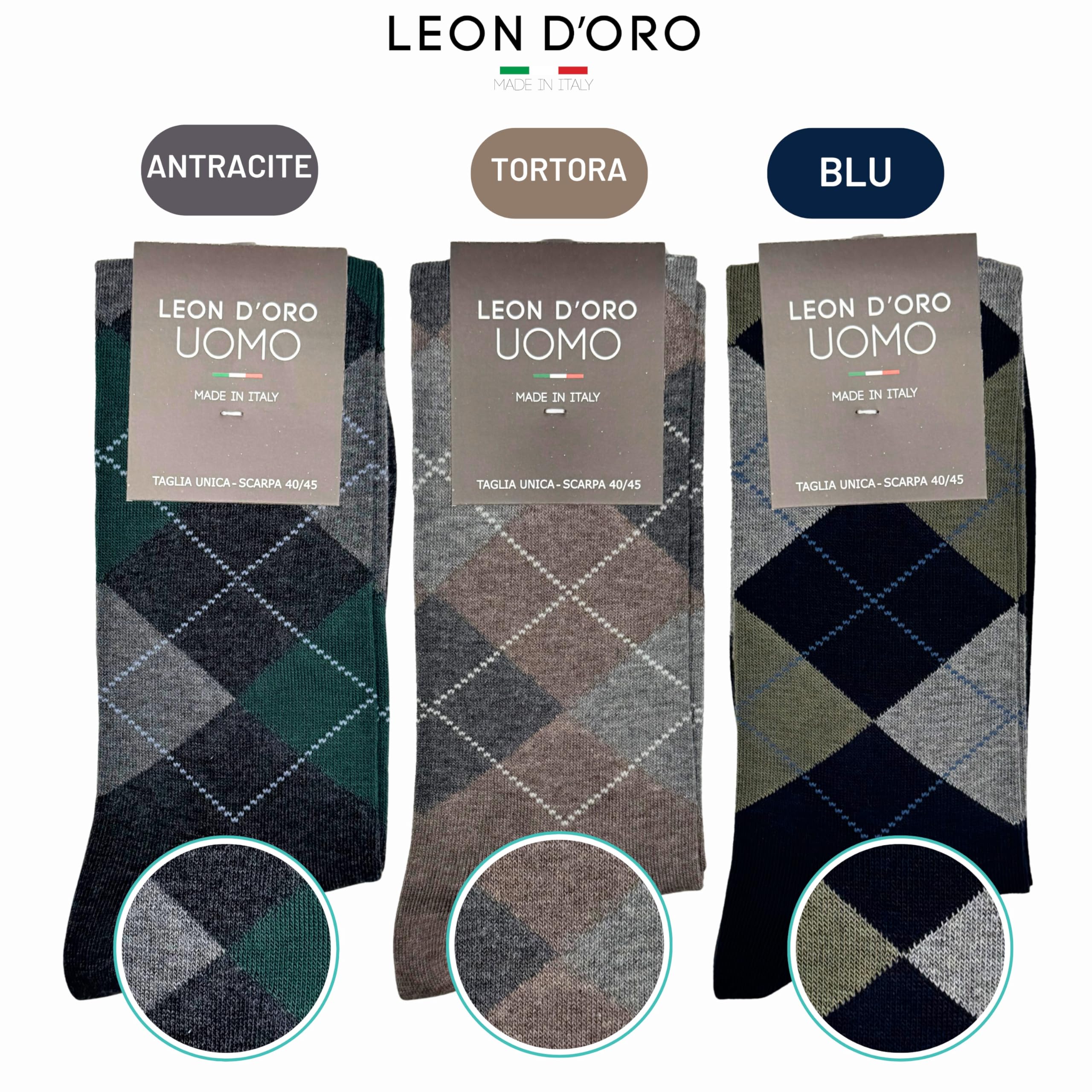 LEON D'ORO Calze Uomo Caldo Cotone Lunghe calze uomo invernali Fantasia calze Moda Made in Italy