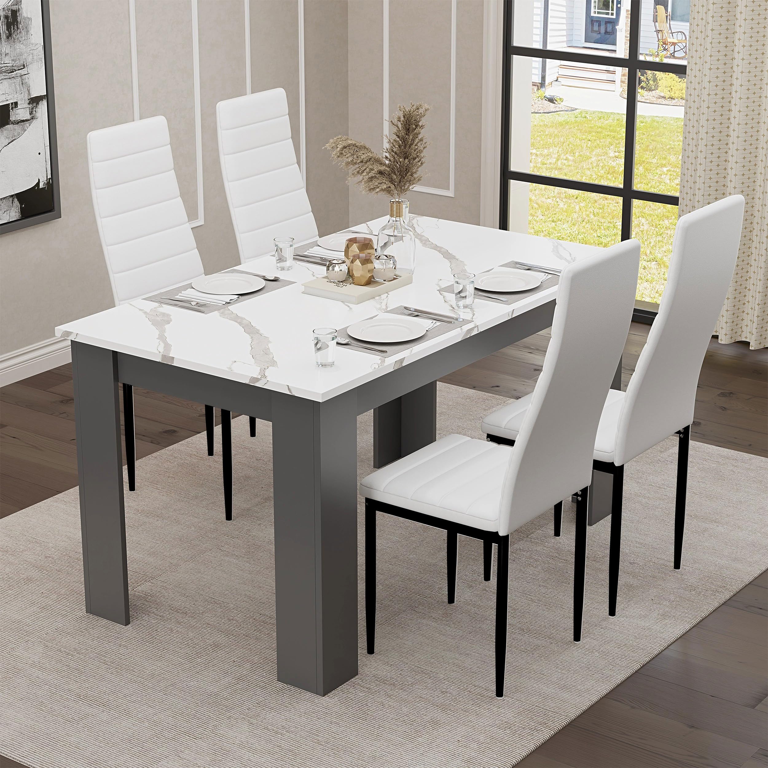 Blisswood Dining Table Set, Dining Table And Chair Set, Pu Leather Dining Room Chairs and 17mm Thick Table Top Long Modern Dining Table Set (White Marble/Grey Dining Table and 4 White Chairs)