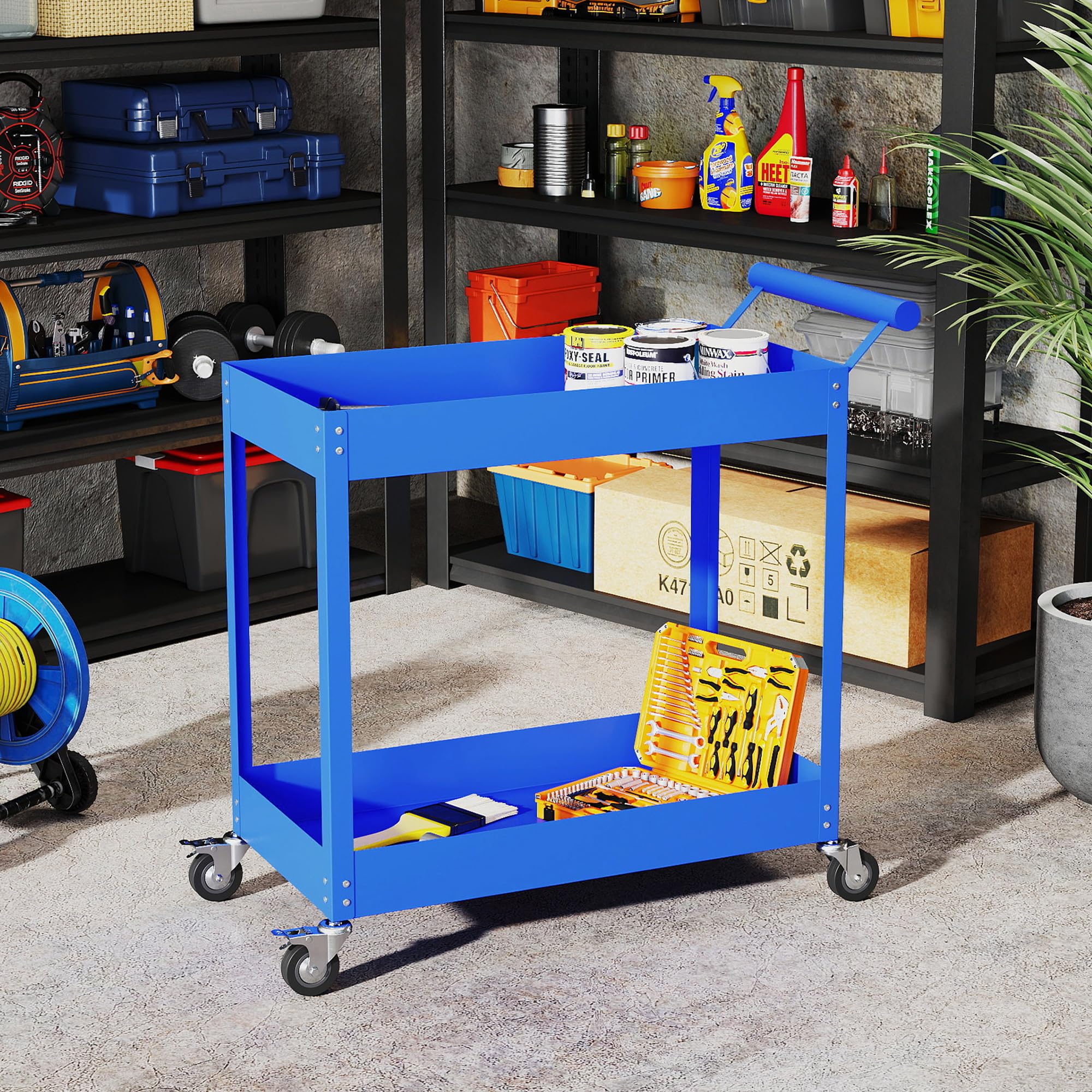 DURHAND Carrello da officina per officina, carrello per attrezzi a 2 livelli, maniglia laterale e ruote bloccabili, per garage, magazzino, utensili fai da te, carico 150 kg, 84,5 x 38 x 84 cm, blu