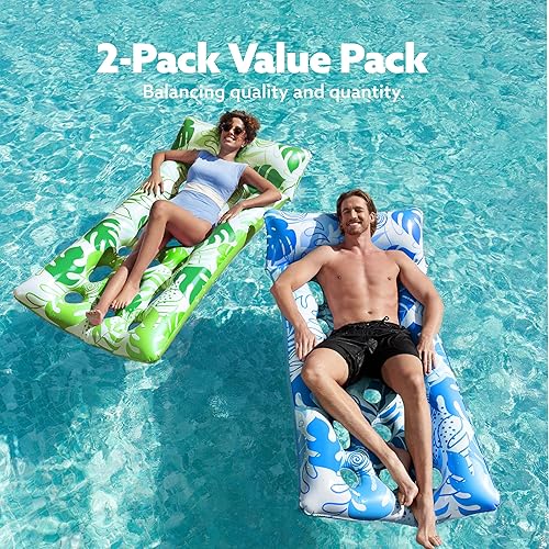 Miniatura 5 de SLOOSH Paquete de 2 flotadores inflables para piscina, tamaño XL, para adultos, con reposacabezas, balsa de bronceado solar, lago, playa, piscina