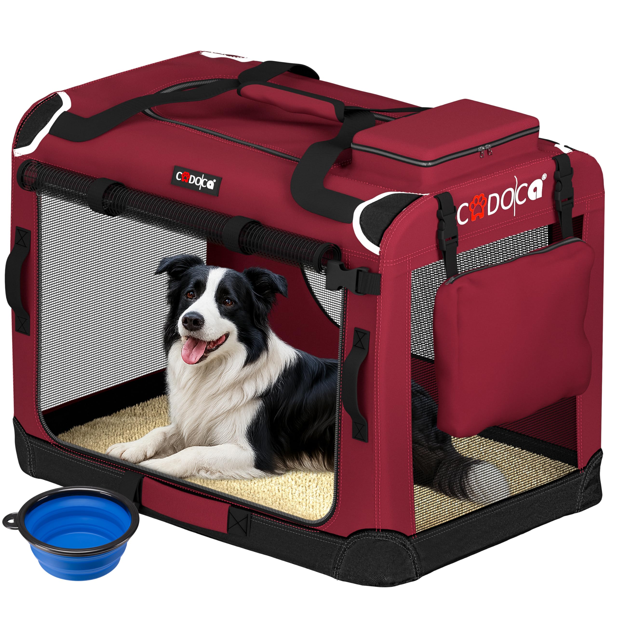 CADOCA® Extra Large Dog Crate - Fabric Dog Cage XL Foldable Portable Indoor & Car Travel Pet Carrier for Pets | Lightweight with Mesh Windows | Puppy, Kitten, Dog, Cat Carrier | 82x59x59cm Dark Red