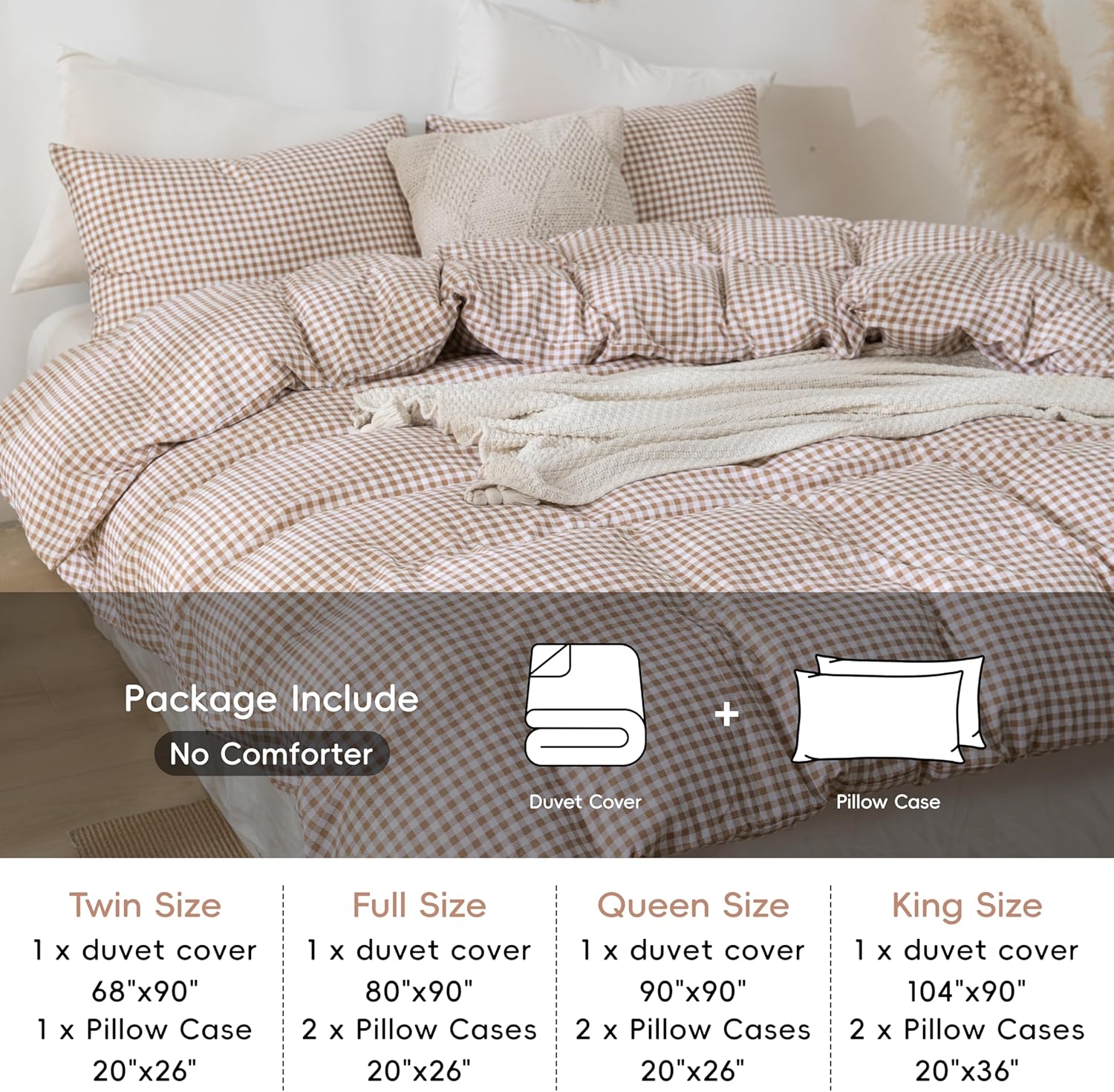 Tan Gingham Duvet Cover Bedding Set Prewashed Extra Soft Comfy Breathable 3 Piece Brown Plaid Checkered Grid Vintage Comforter Cover Set Cute Aesthetic (Queen 90"x90", No Comforter) - Image 7