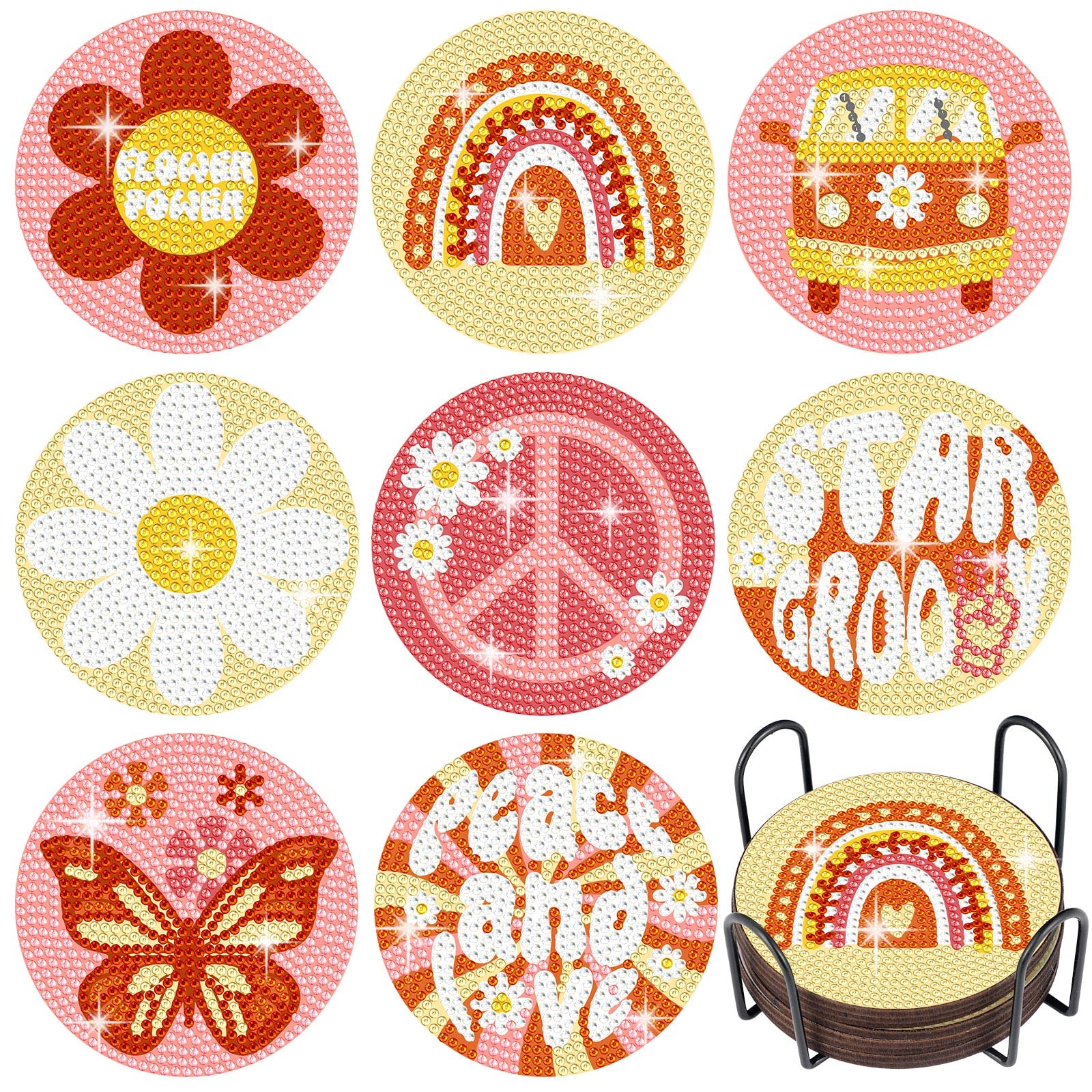 Shellwei 8 Pcs Boho Diamond Painting Art Coasters with Holder Groovy Hippie Daisy Diamond Painting Kit Pink DIY Crafts Coasters for Adults Beginner