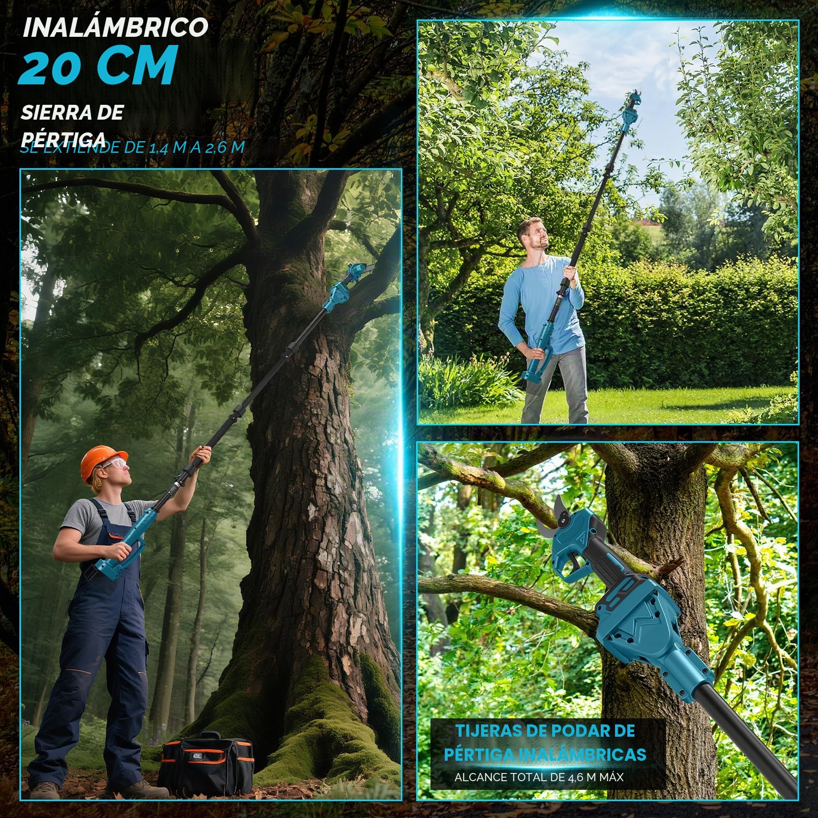 Mini motosierra de 8 pulgadas con barra telescópica y tijeras de podar eléctricas de 28 mm, juego de herramientas de jardín 4 en 1 compatible con batería Makita, alcance máx de hasta 4 m (Sin batería)