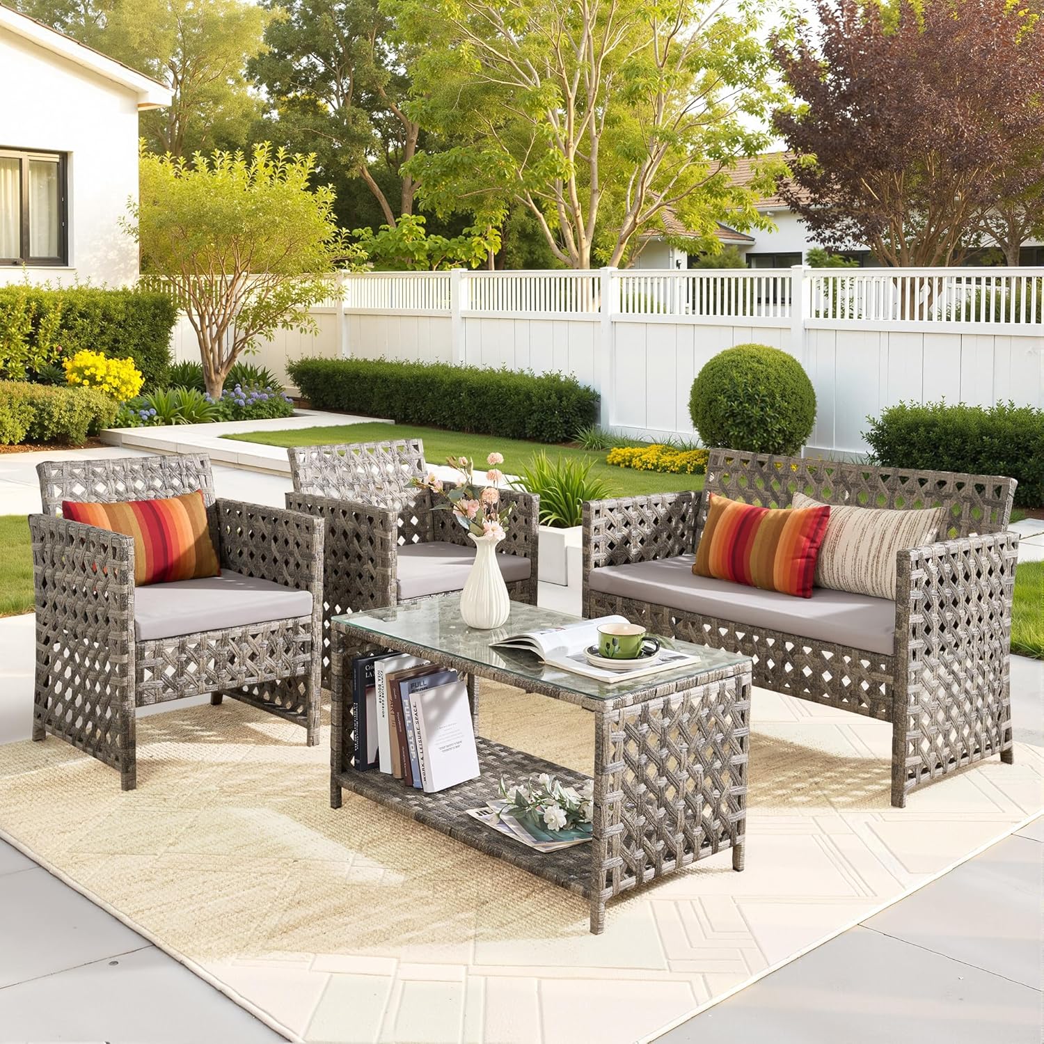 CAODOC 4 Piece Outdoor Patio Furniture Sets, Small Grey Wicker Patio Conversation Furniture Rattan Chair Set with Tempered Glass Coffee Table for Backyard Porch Garden Poolside Balcony, Grey