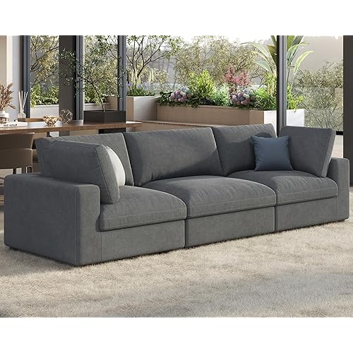 Modular Sectional Sofa, 114 Inches Down Filled Sectional Sofa, 3 Seater Oversized Comfy Couch for Living Room, Grey Linen Cloud Couch Set