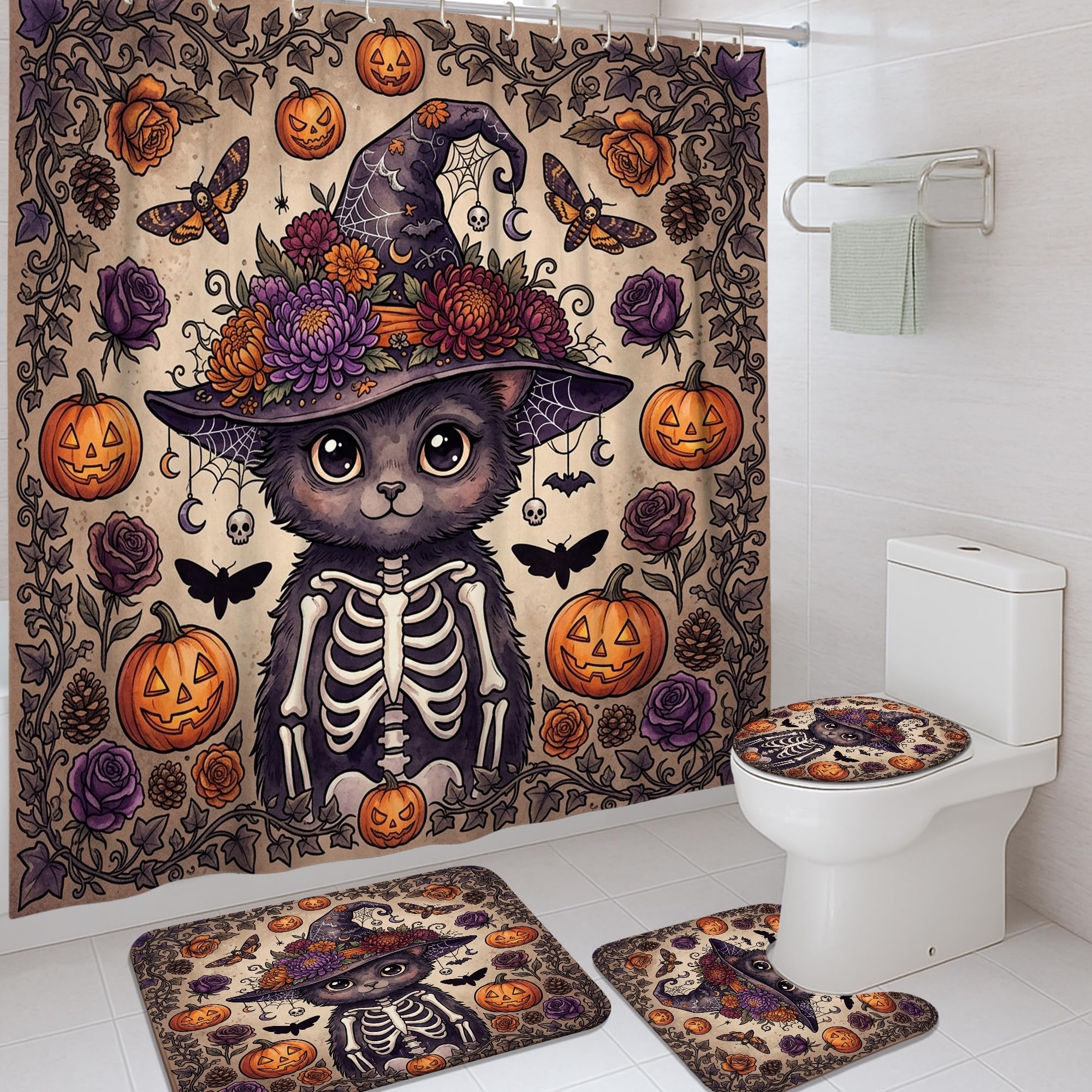 Rideau de douche squelette tissu imperméable tapis de bain citrouilles sorcière Halloween