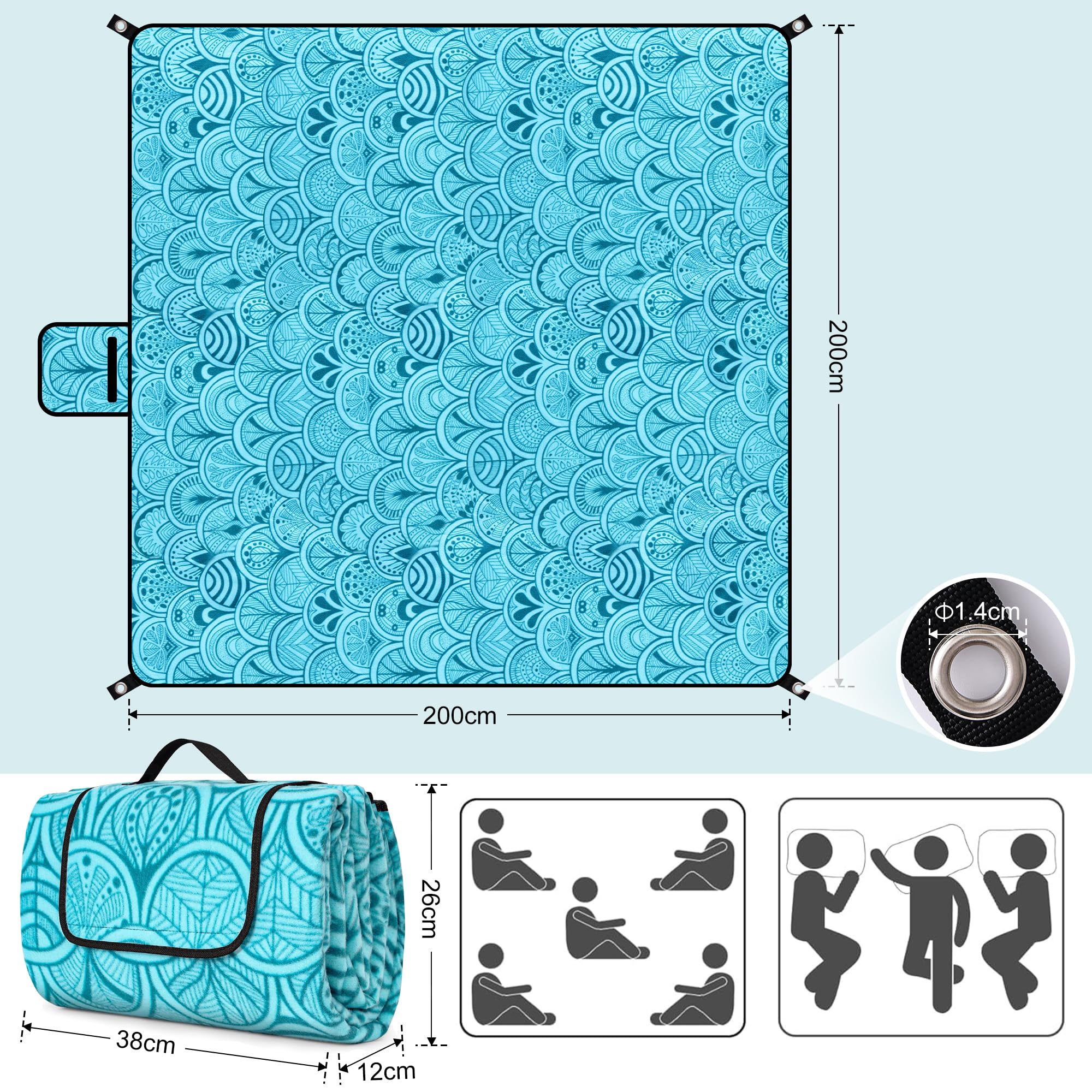 Coperta Picnic Impermeabile 200x200 cm, Telo Picnic Impermeabile, con Maniglia, Lavabile Lavatrice, Pieghevole, Coperta da Spiaggia Picnic, Tappetino da Picnic per Spiaggia, Viaggi, Campeggio