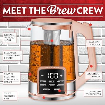 Gourmia Electric Glass Kettle 1.7L Programmable Tea & Coffee Brewer with Digital Touch Display, 6 Presets, Removable Stainless Steel Infuser, Cordless with 360 Swivel Base, Peach