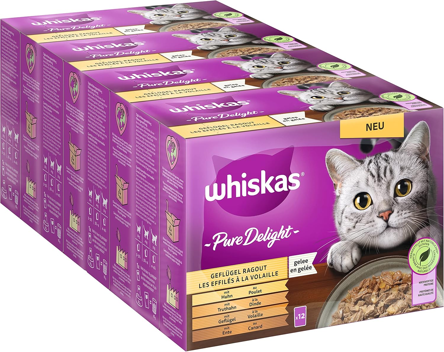 Whiskas 1+ Katzenfutter Pure Delight Geflügel Auswahl in Gelee, 12x85g