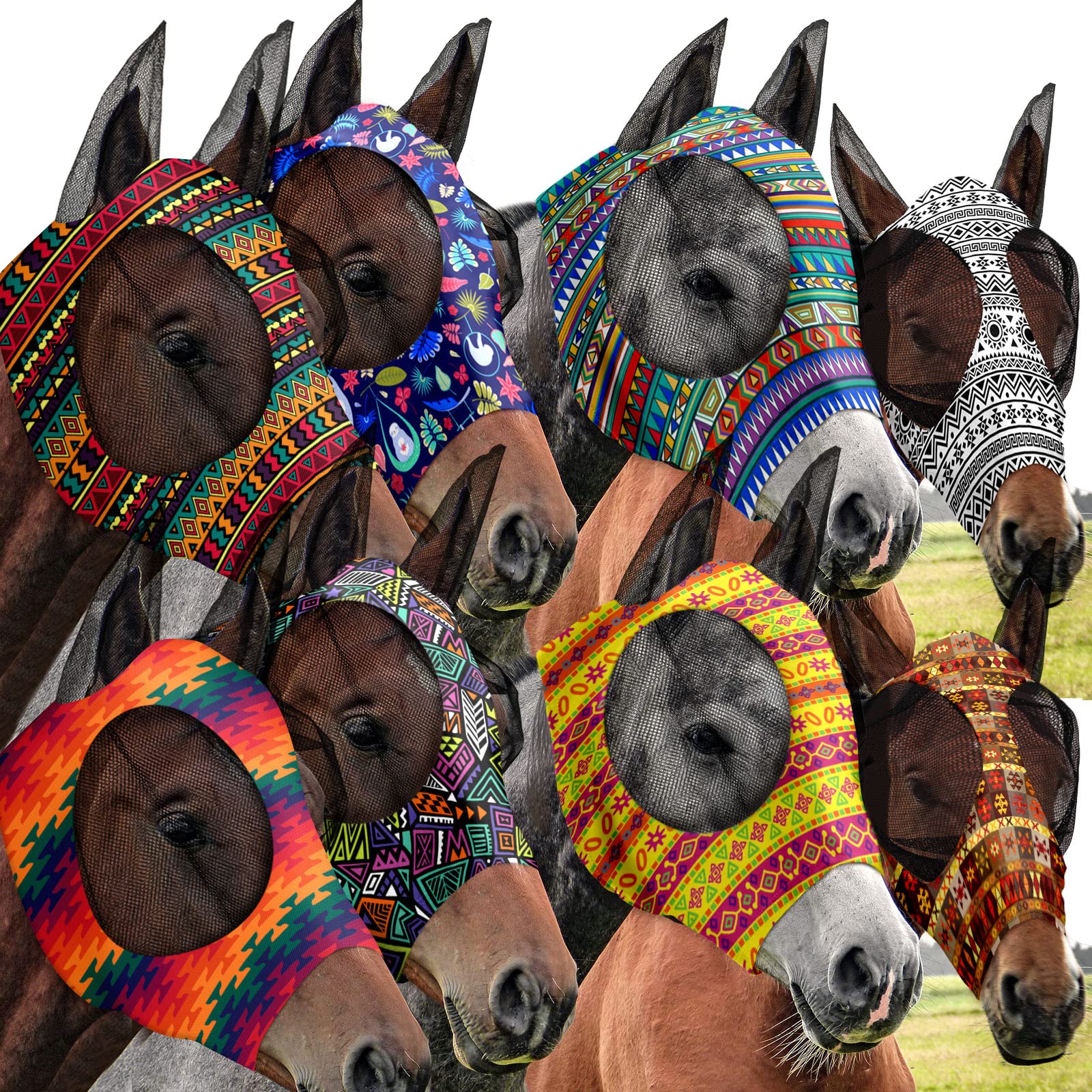 QualireyQualirey 8 Pcs Horse Fly Masks for Horses Comfort Horse Fly Mask with Ears UV Protection Fly Masks Elasticity Horse Face Mask Horse Masks Covering for Horses Riding Supplies(Geometric, Large)