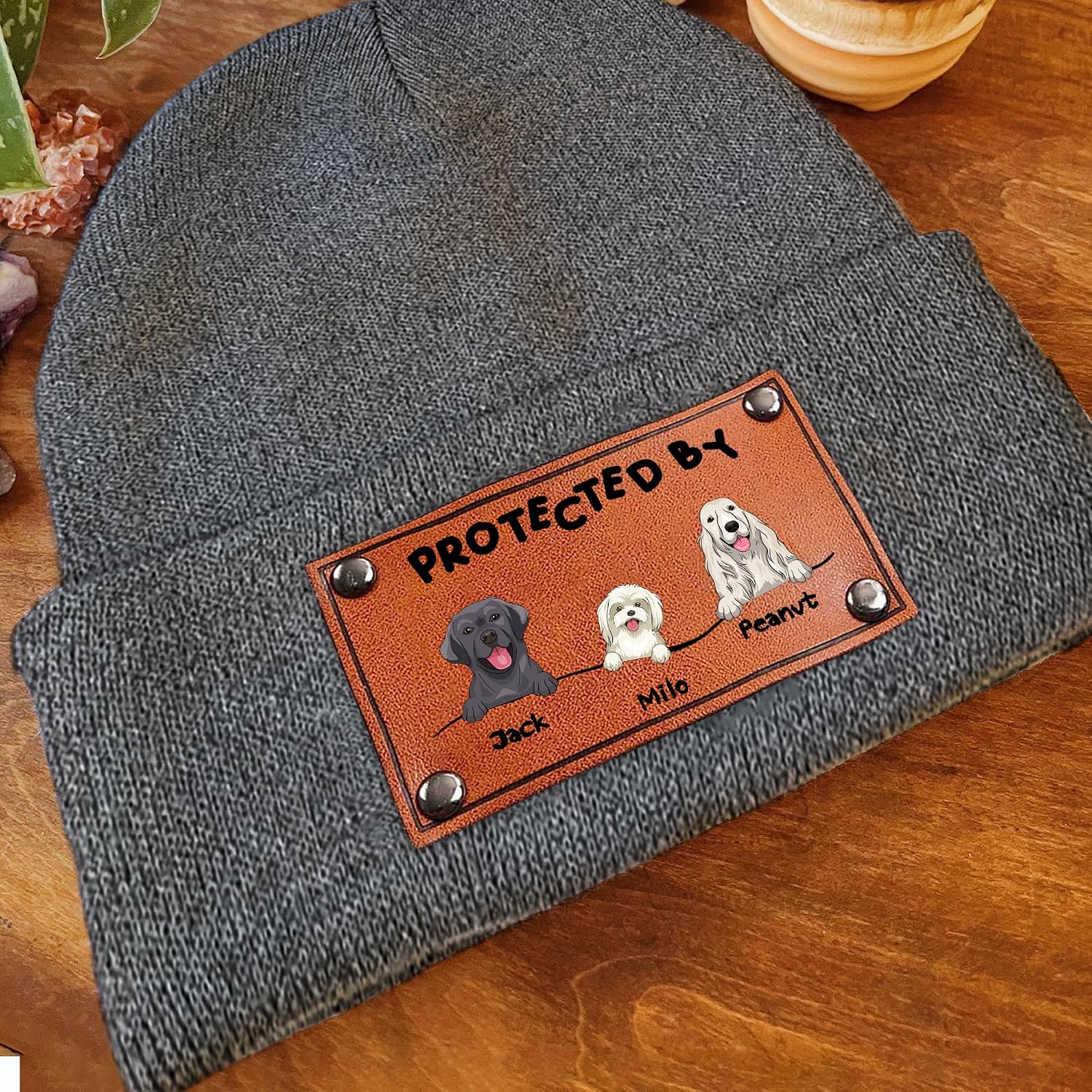 Gossby Personalized Baby Beanie Hat with Vegan Leather Patch - Custom Gift for Infant, Newborn, Baby, Toddler, Kid - 3 Sizes