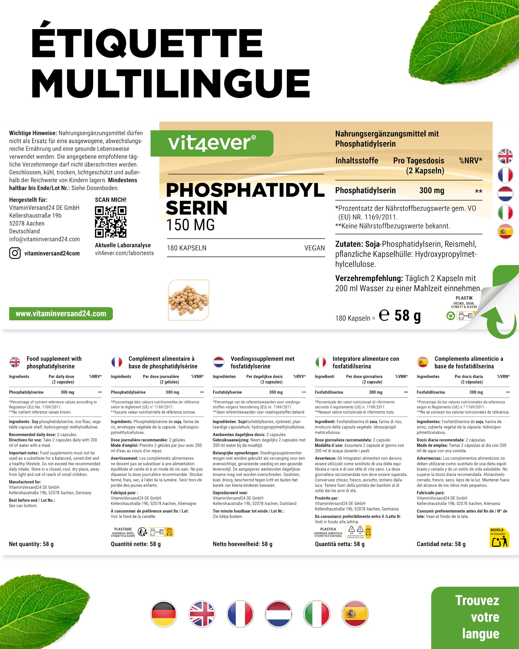 vit4ever Phosphatidylsérine Gélules - 300 mg par Dose Journalière - 180 Gélules - Hautement Dosé - Phospholipide PS - Vegan - Sans Additifs Inutiles