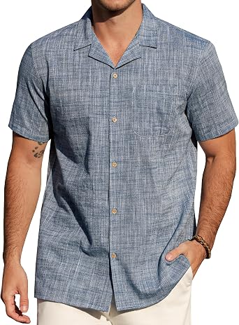JOGAL Mens Chambray Button Down Shirt Short Sleeve Casual Cuban Shirts