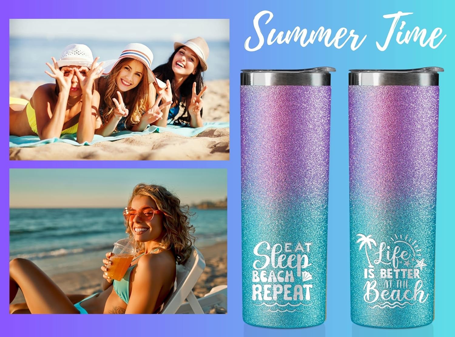 Onebttl Skinny Tumbler with Lid and Straw, 20Oz Glitter Blue & Purple, Beach Themed Gift for Beach Lovers - Image 3