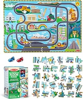 Melissa & Doug Race Around The World Tracks Cardboard Jigsaw Floor Puzzle and Wind-Up Vehicles â€“ 48 Pieces, for Boys and Girls 3+ - FSC-Certified Materials