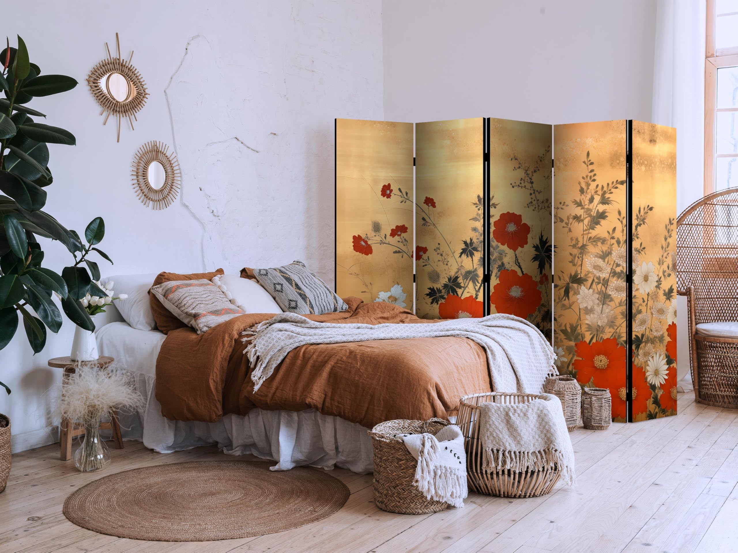 murando - Paravent Décoratif Intérieur à Deux Côtés, Fleurs, 225x172 cm