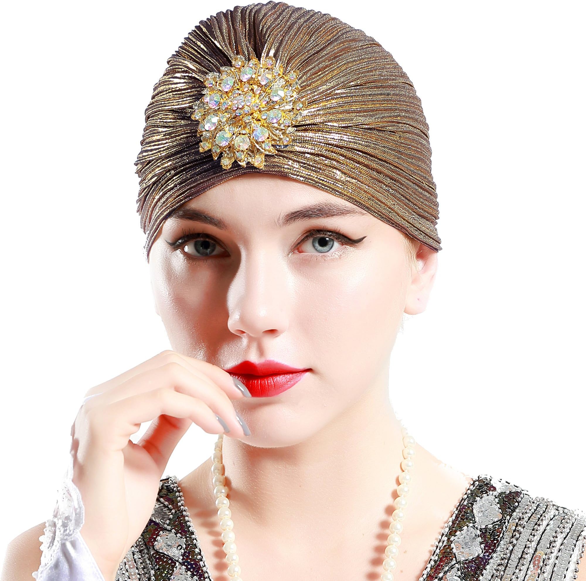 ArtiDeco Turban Hat for Women Turban Hat with Detachable Crystal Brooch Crystal Head Wrap Knit Pleated Turban Vintage (Dark Gold)(Size: Free)