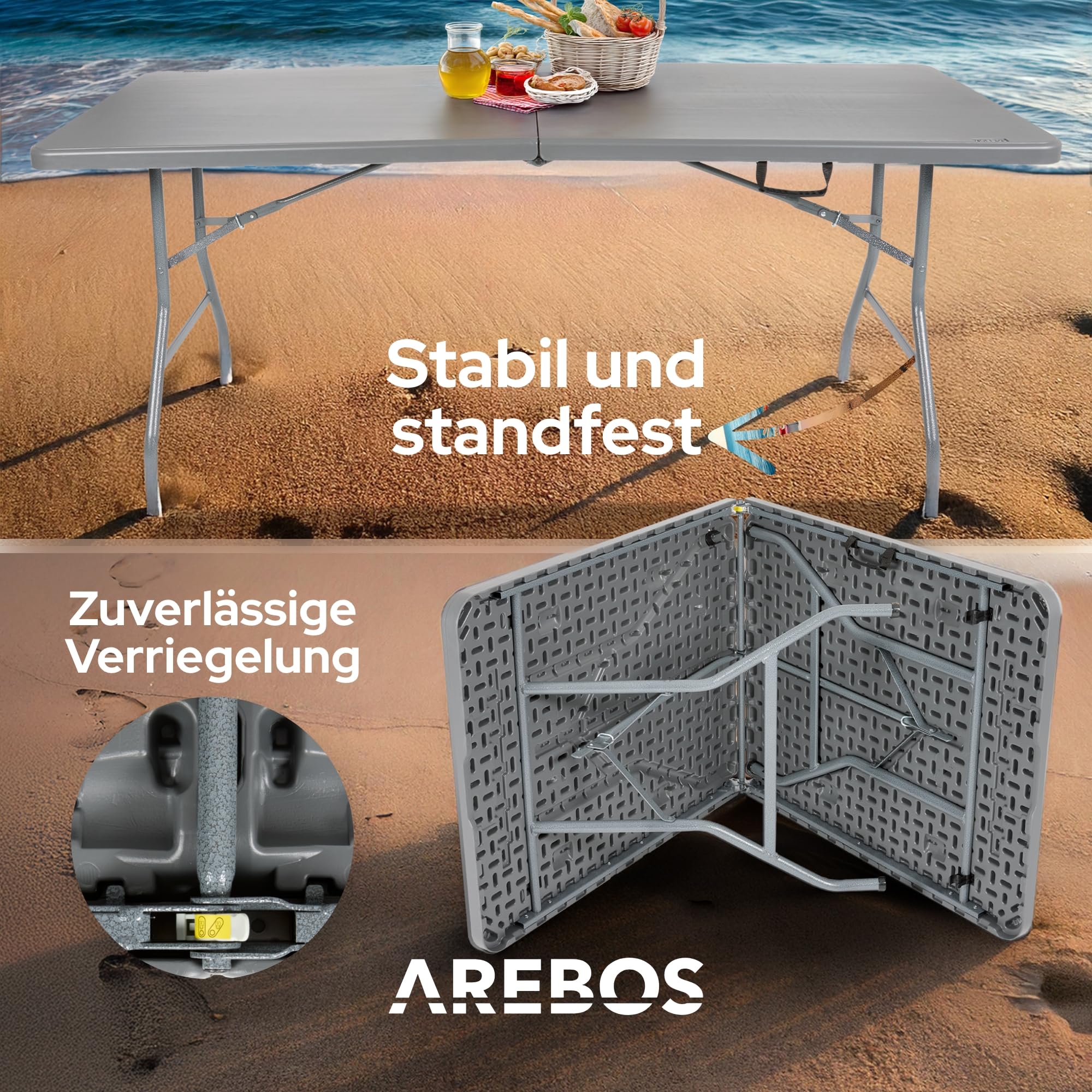 Arebos Klapptisch Anthrazit Gartentisch Klappbar | 182x74 cm Wetterfest Outdoor | Buffettisch 8 Personen Campingtisch | Partytisch mit Tragegriff | Garten Terrasse