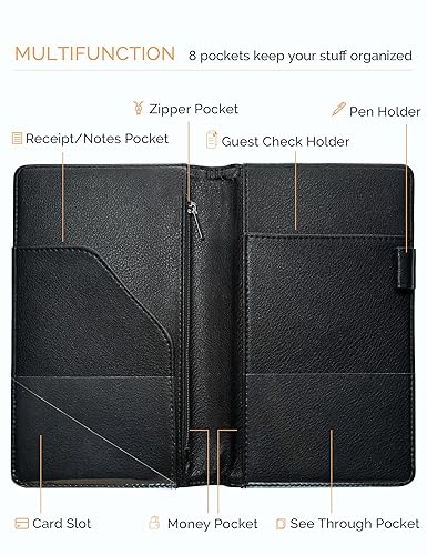 Miniatura 3 de Mymazn Libro negro de 5 x 8 para camarera con bolsillo con cremallera, lindo libro de servicio para camarero, folleto de chequera de servidor,
