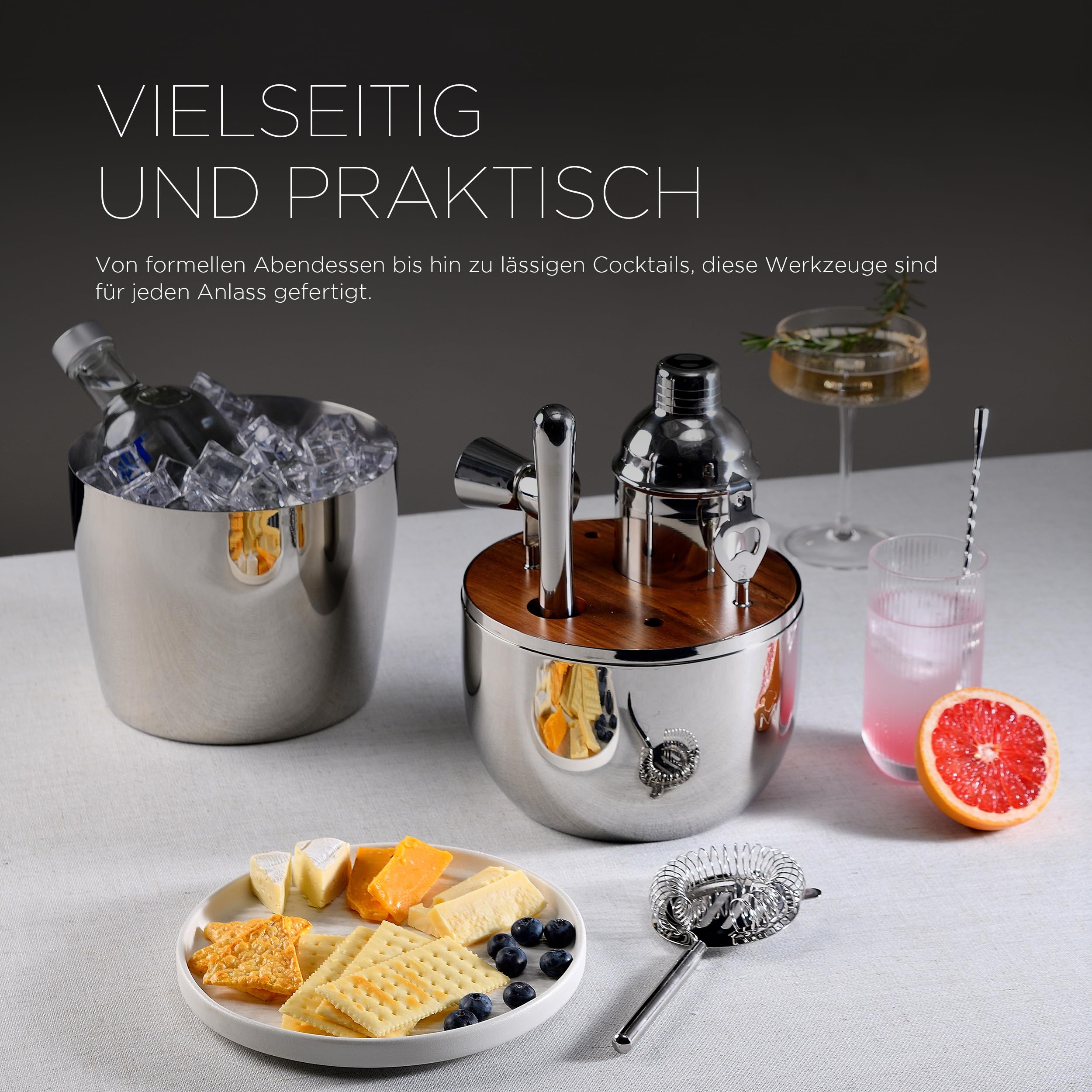 MasterPRO The Drop - 6-teiliges Cocktail-Set aus Edelstahl - mit Sieb, Flaschenöffner, langem Löffel, Cocktail-Shaker, Jigger, Zerkleinerer - stilvoll und professionell