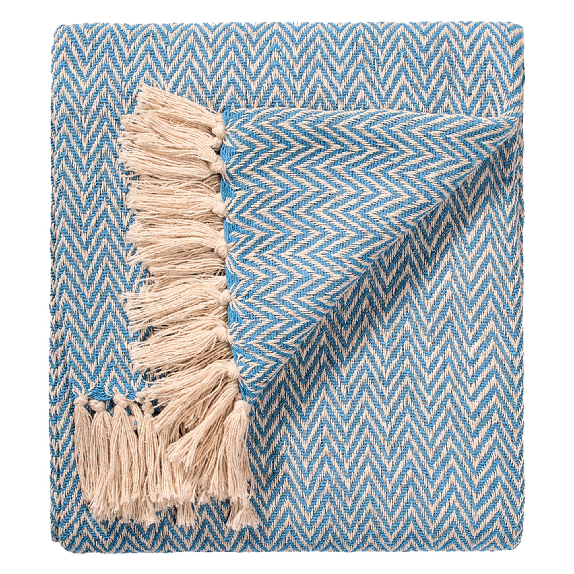 ETHNICITI Turquoise Herringbone Chevron Recycled Cotton Woven Throw Sofa Bedspread for Settee Armchair Fringe Blanket Picnic Mat - 130x180cm