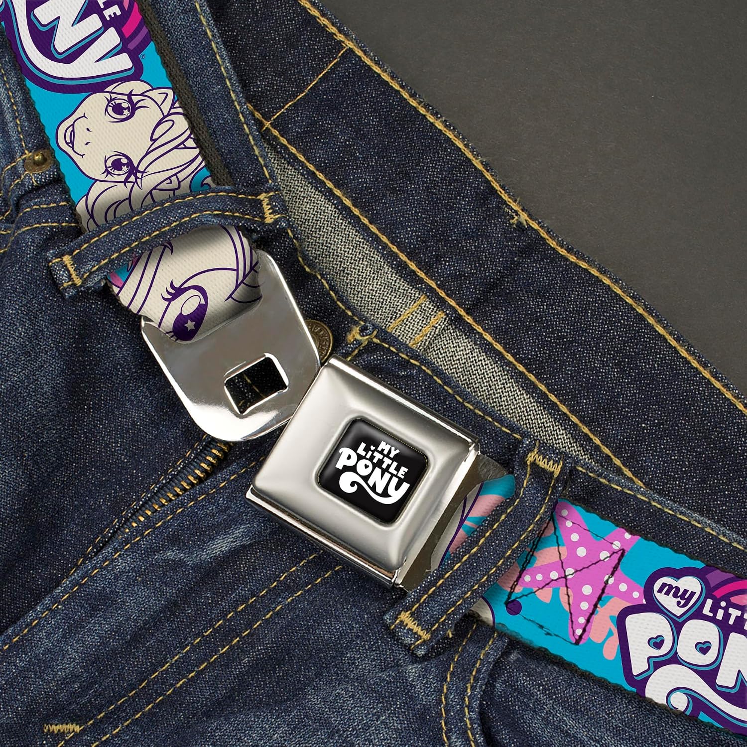 My Little Pony Belt, Seatbelt Buckle Belt, My Little Pony Pony Faces Flowers and Logo Blue Pinks White, Adjustable