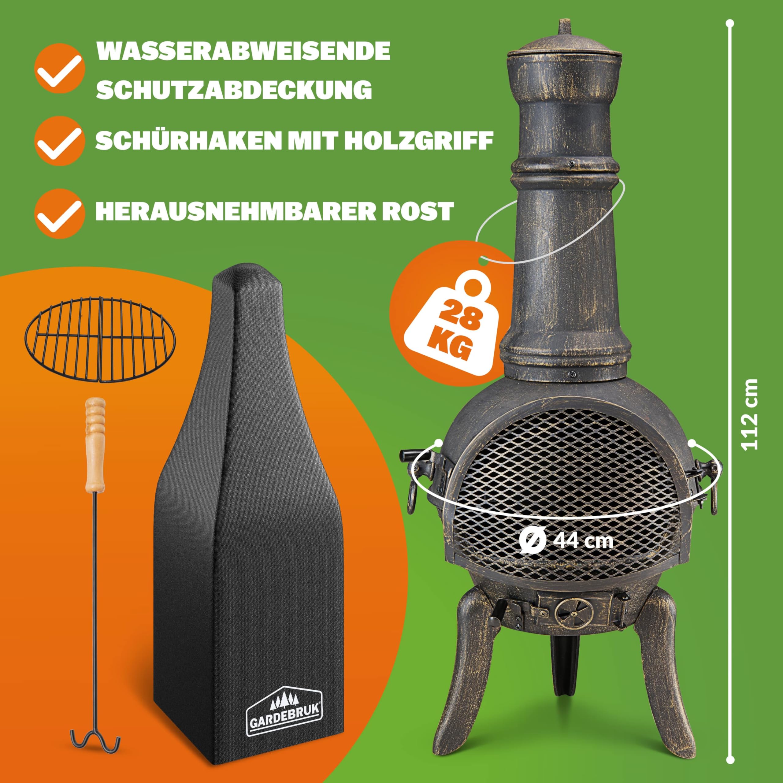 GARDEBRUK Terrassenofen Gusseisen 28kg Funkenschutz | Holz, 112cm, Garten, Terrasse, Outdoor, Wetterfest, Feuer, Kamin