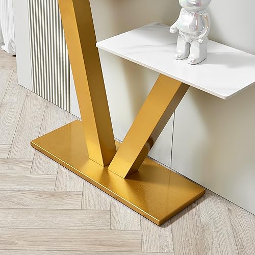 Miniatura 8 de Mesa consola moderna de 47.24 pulgadas, mesa de entrada de piedra sinterizada, mesa de sofá estrecha con base de metal de forma geométrica, mesa de