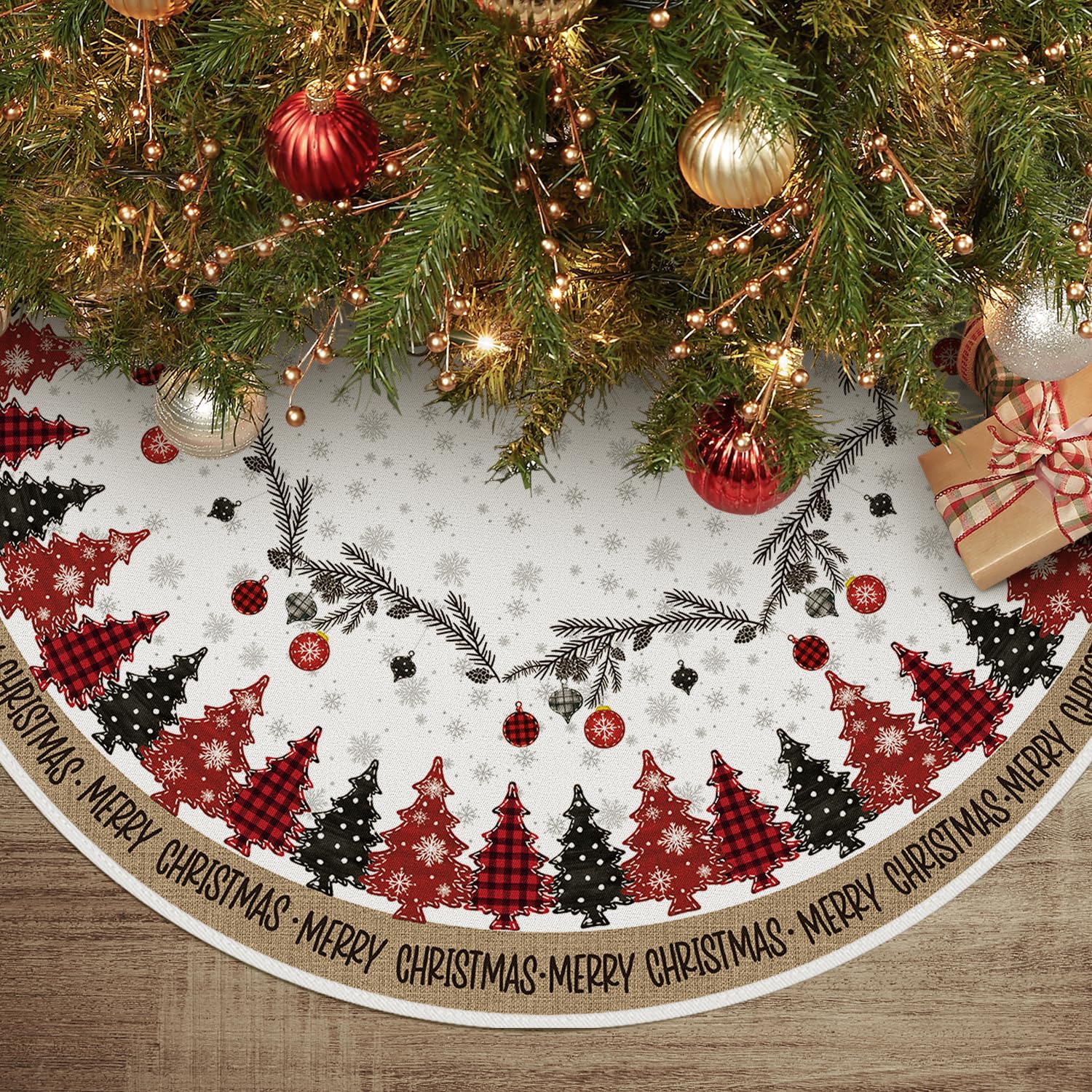 Jupe de sapin de Noël Merry Christmas 122 cm, l'accessoire idéal à offrir pour la décoration de maison