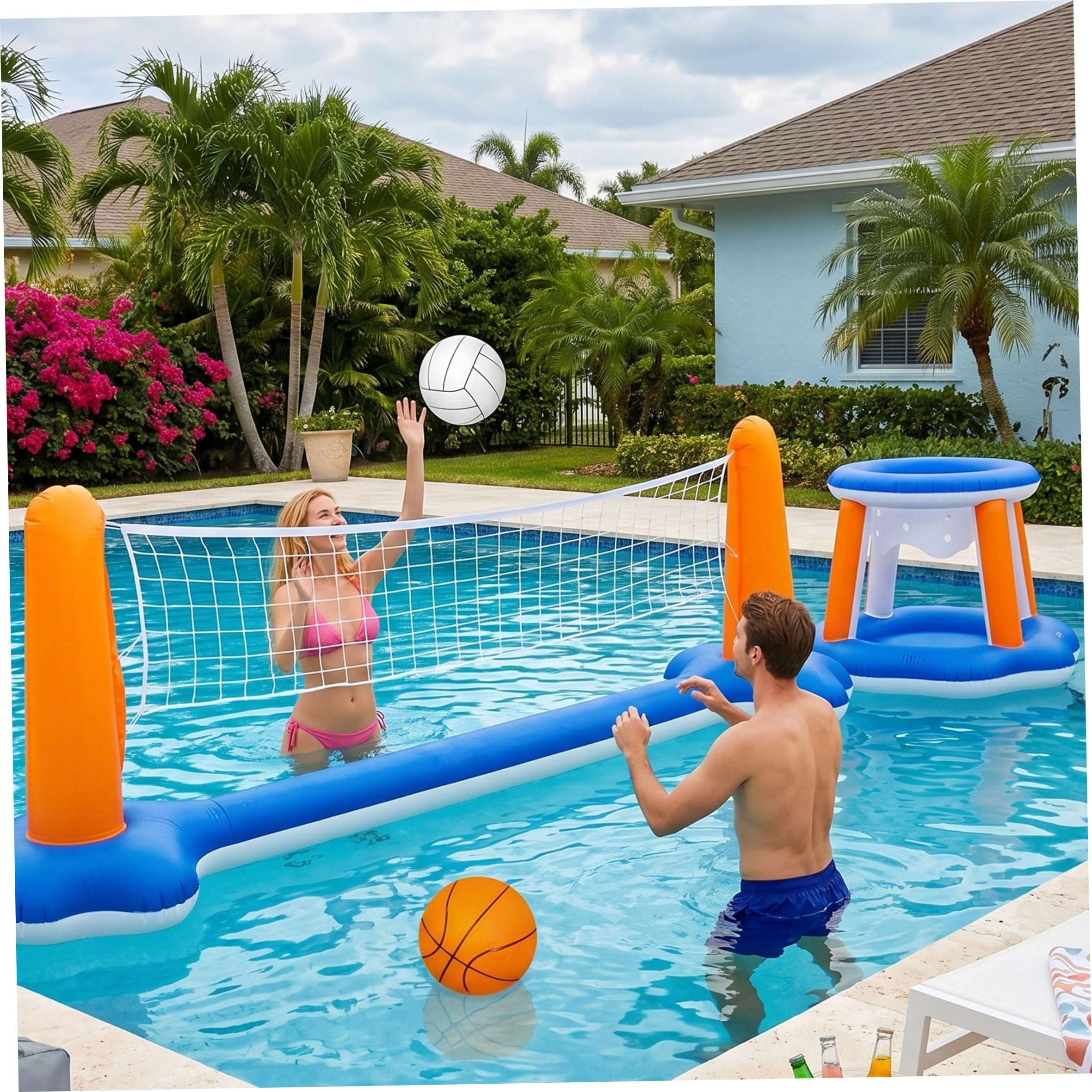 Red flotante de voleibol para piscina, red de voleibol para piscina y juego de baloncesto, juego de agua inflable flotante con 2 bolas, juguetes de verano para exteriores/interiores para adultos, fam