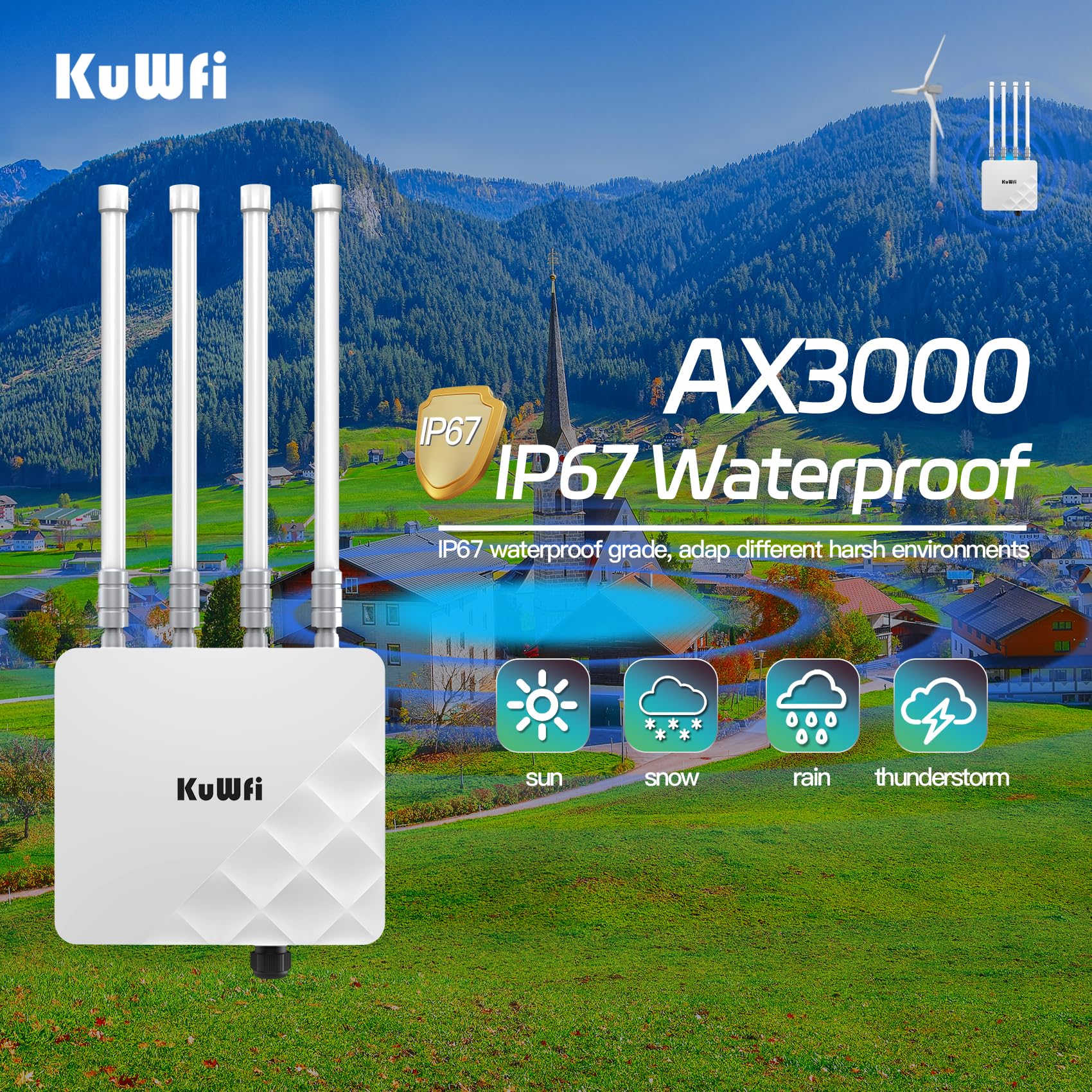 WiFi6 AX3000 Gigabit Outdoor WLAN Access Point, Long Range Outdoor WiFi 6 Extender, Dual Band 2.4GHz + 5GHz Wireless WiFi Access Point, PoE Powered, IP67, porta SFP + 2 Gigabit Ethernet, 250