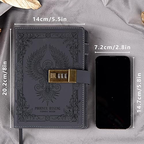 Miniatura 2 de TIEFOSSI Phoenix - Cuaderno de diario con cerradura, diario vintage de cuero con cerradura, B6 de viaje recargable con rayas y papel de escritura,