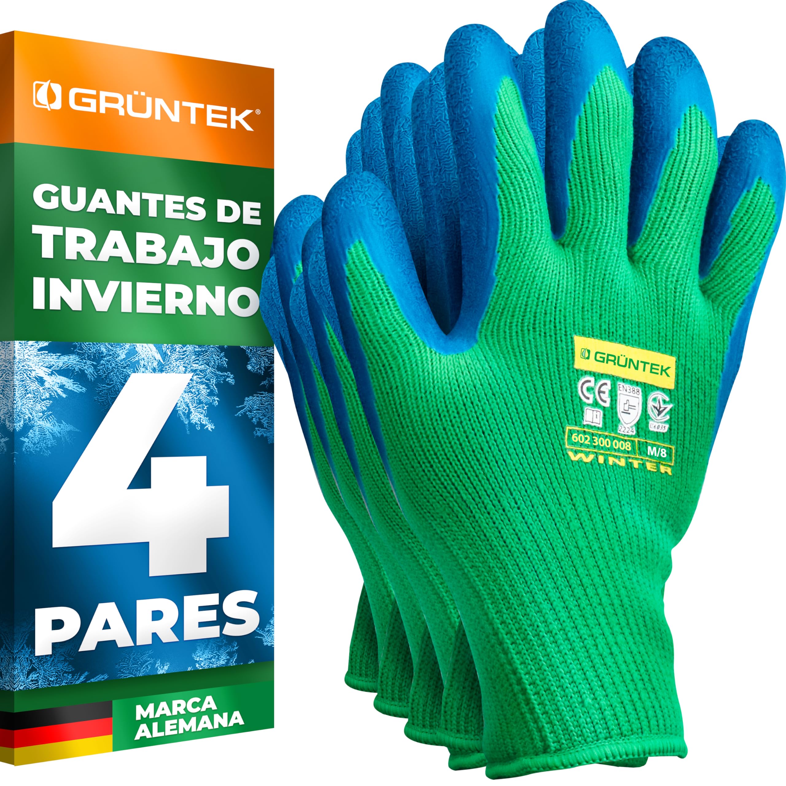 GRÜNTEK 4 Pares Guantes de Trabajo y Jardinería Hombre/Mujer Talla M/8. Guante de Invierno con Forro y Palma de Latex