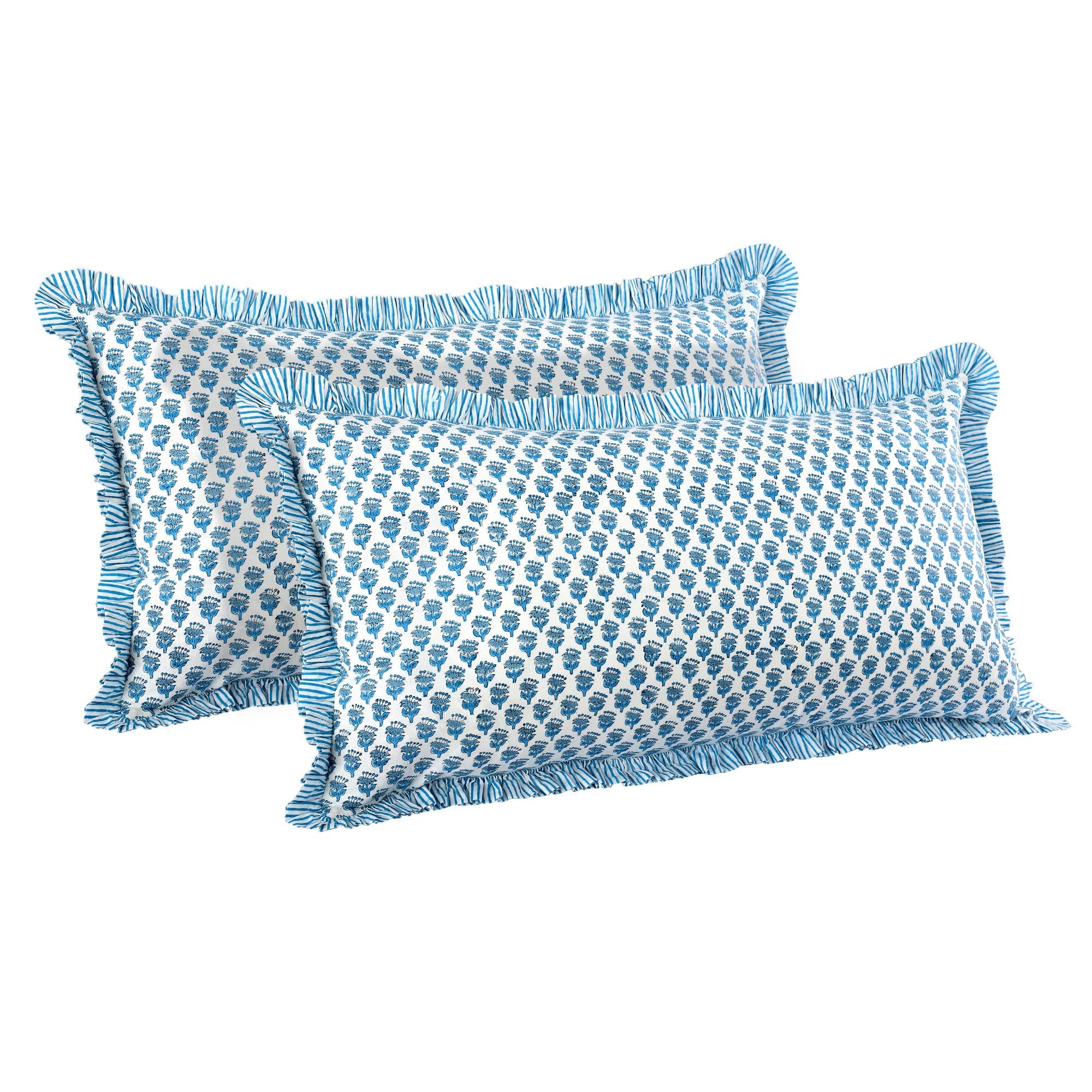 CPC Apatite Blue 100 Cotton Block Print Ruffle Sham Cover 20X36 inch Pack of 2 Handmade Boho Floral