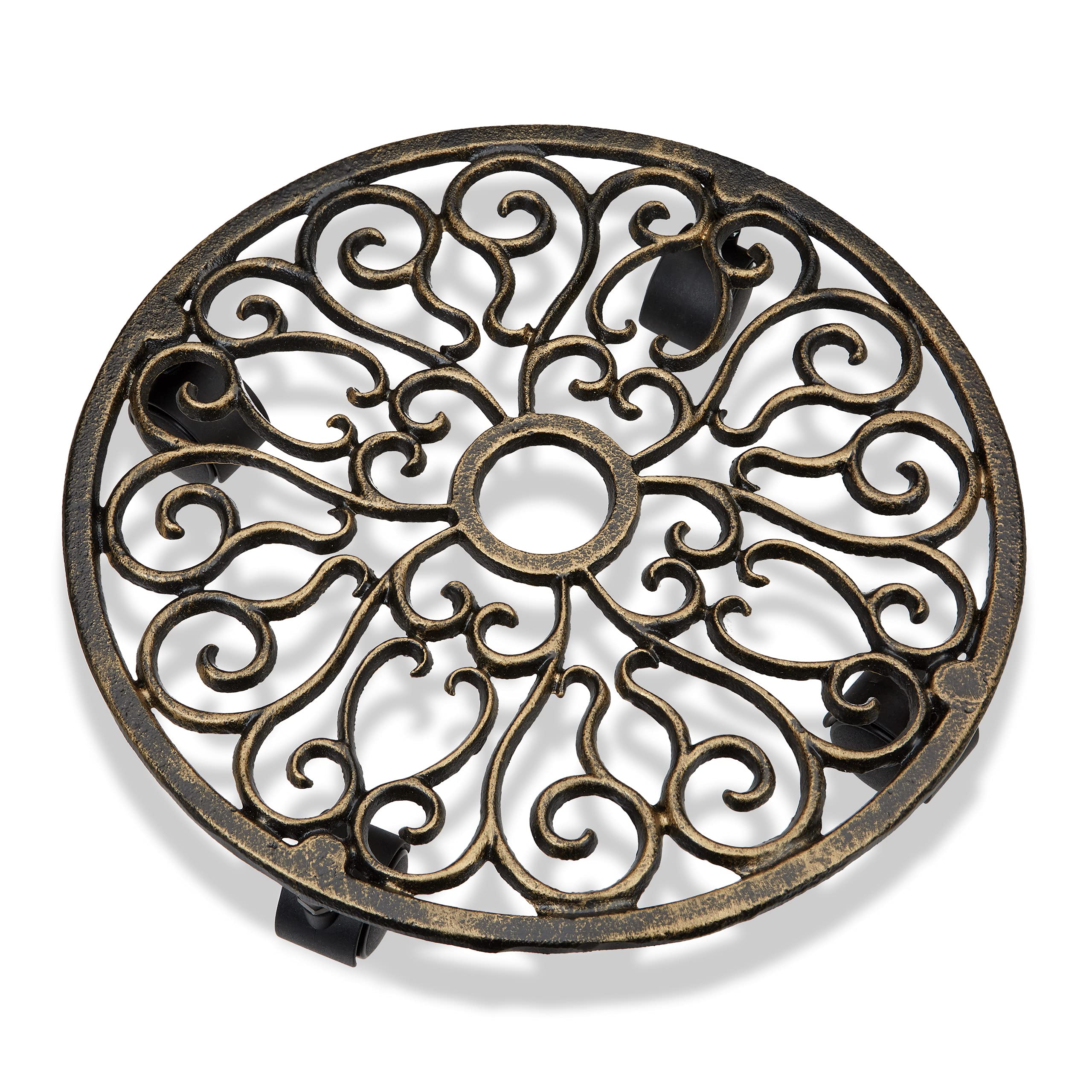 Relaxdays Porte-Plantes à roulettes, Lot de 2, Fonte, Support Pot de Fleurs, 4 Roues, D: 33,5 cm, Rond, Design antiquités, Bronze | Chariot à fleurs, style ancien, robuste, résistant aux intempéries