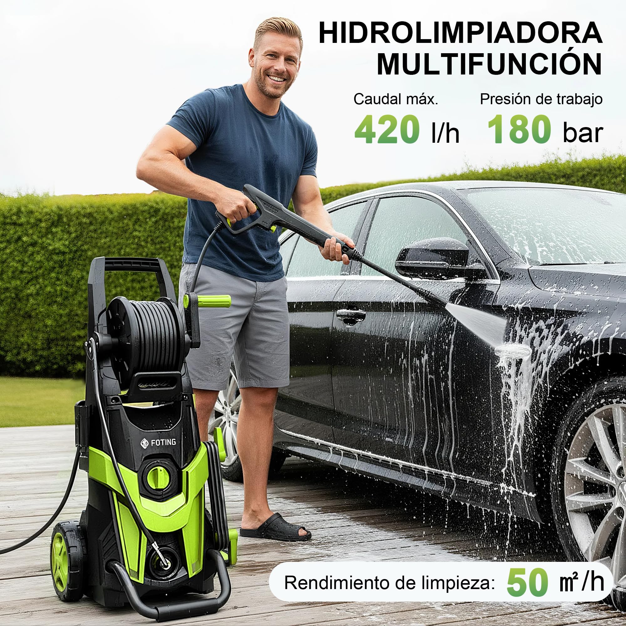2026NEW Hidrolimpiadora de Alta Presión 180 Bar, 420 l/h, con Carrete para Manguera, Depósito de Espuma y Boquilla Ajustable 6 en 1, Rendimiento de hasta 50 m²/h, para Coche, Terraza y Jardín