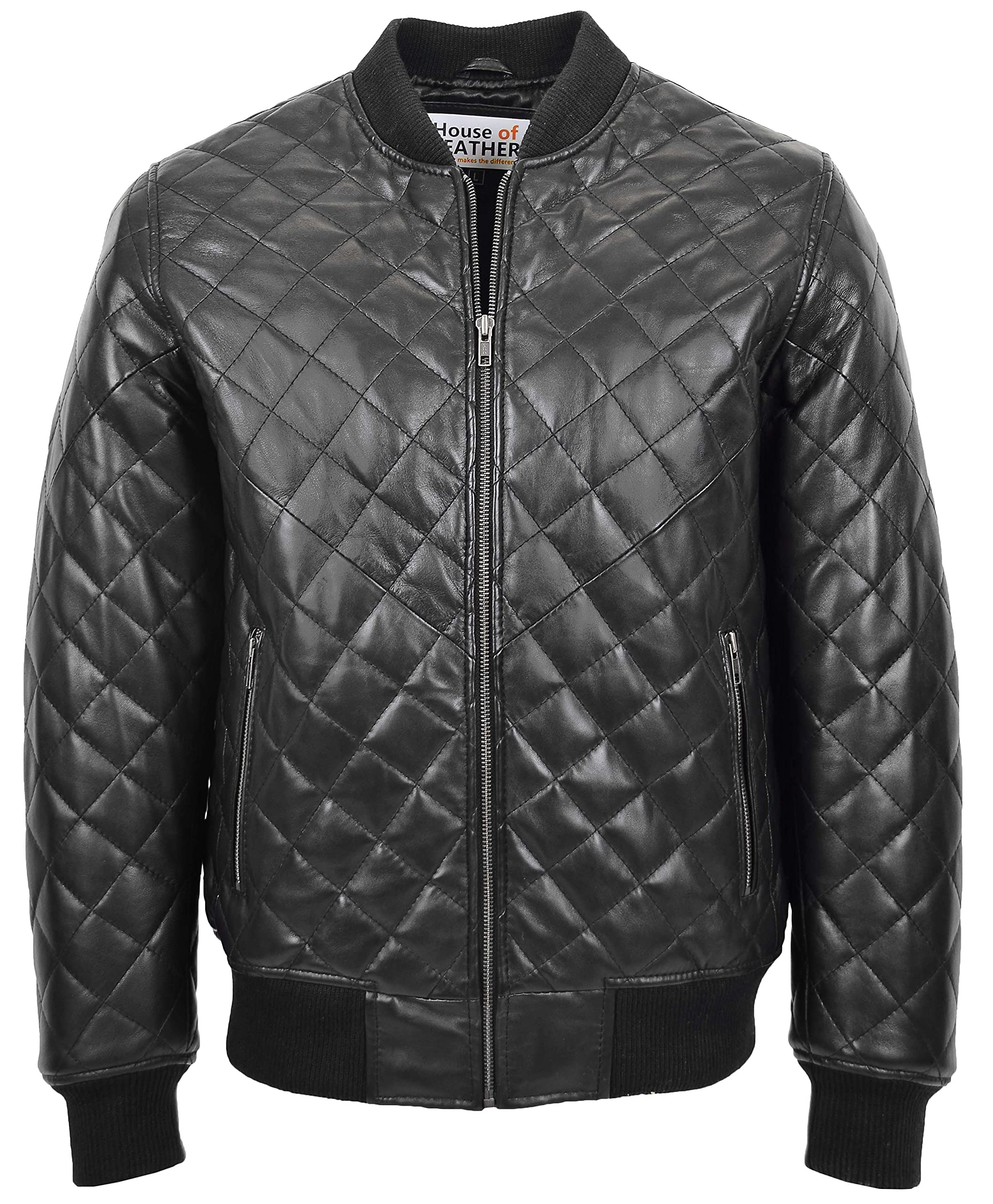 House Of Leather Men's Black Real Leather Bomber Jacket Quilted Varsity Style Warren (3Xl)