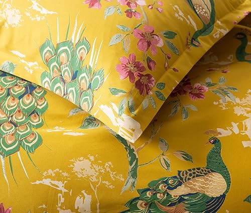 Miniatura 5 de Eikei Chinoiserie - Juego de ropa de cama de algodón de fibra larga con diseño floral de pavo real, jardín paradisiaco, jardín botánico, pájaros y