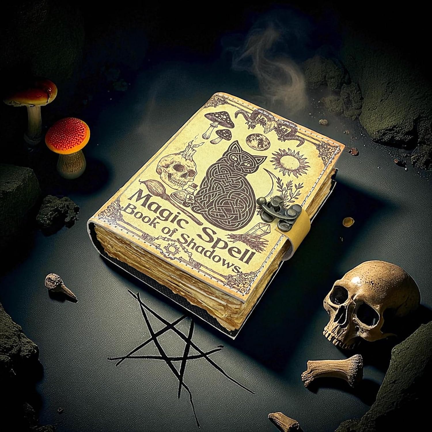 Magic Spell Book of Shadows – Handmade Leather Witchcraft Journal with Celtic Cat, Mushrooms, Skull & Sun Design – 200 Pages Vintage Deckle Edge Paper Grimoire, Witchy Wiccan Notebook, Spell Book, Gothic Sketchbook with Lock