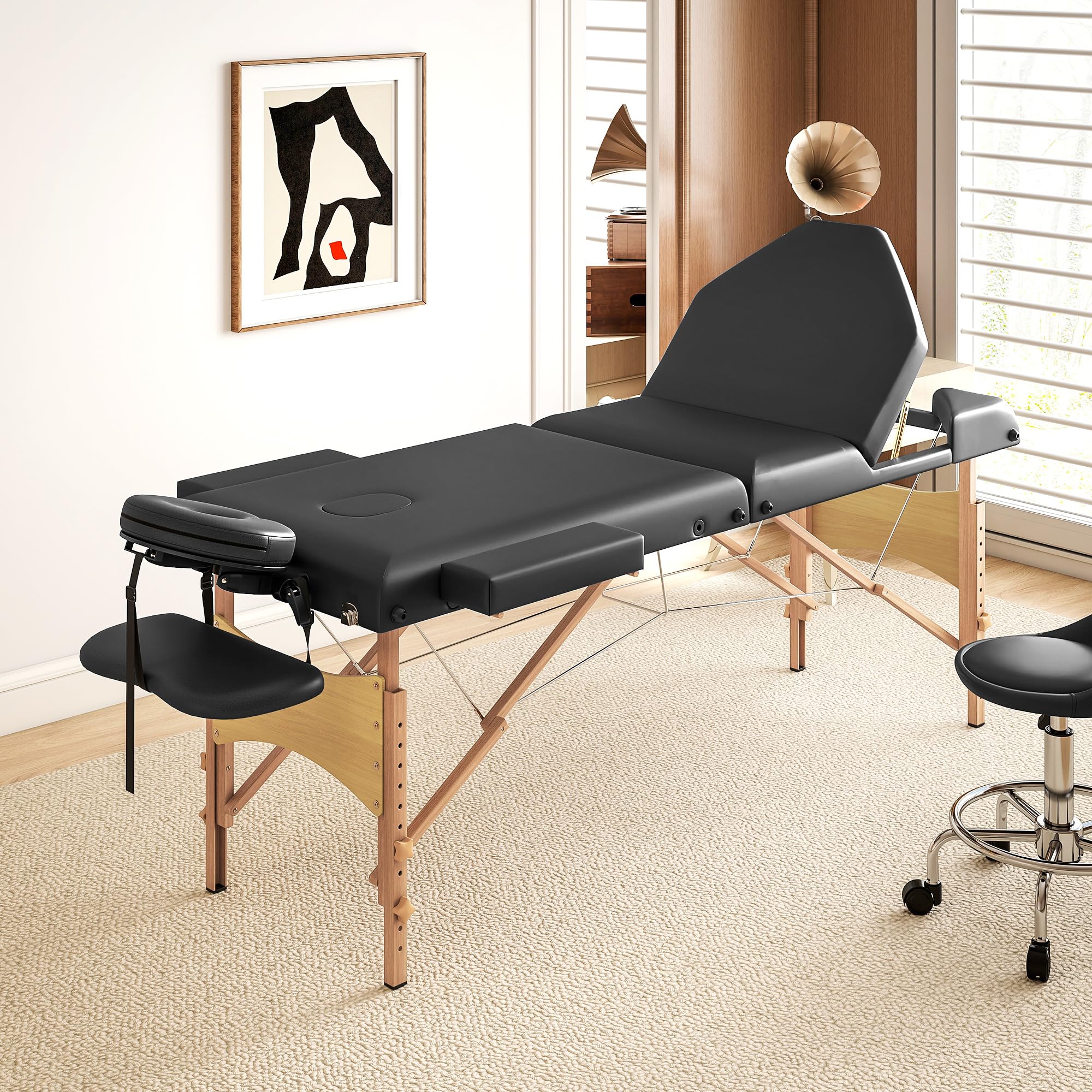 HOMCOM Camilla Masaje Plegable Portátil Camilla Estética Profesional de Madera de 3 Zonas con Altura Ajustable Reposacabezas Reposabrazos Acolchados para SPA Pestañas Tatuajes 215x60x62-89 cm Negro