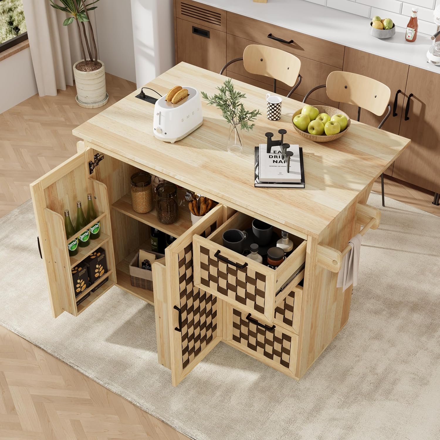 53.2" Rolling Kitchen Island Cart with Drop Leaf on Wheels, 3D Woven Checkerboard Pattern Design, Power Outlet Internal Storage Rack 3 Drawers 2 Cabinets for Kitchen, Dining Room Nature