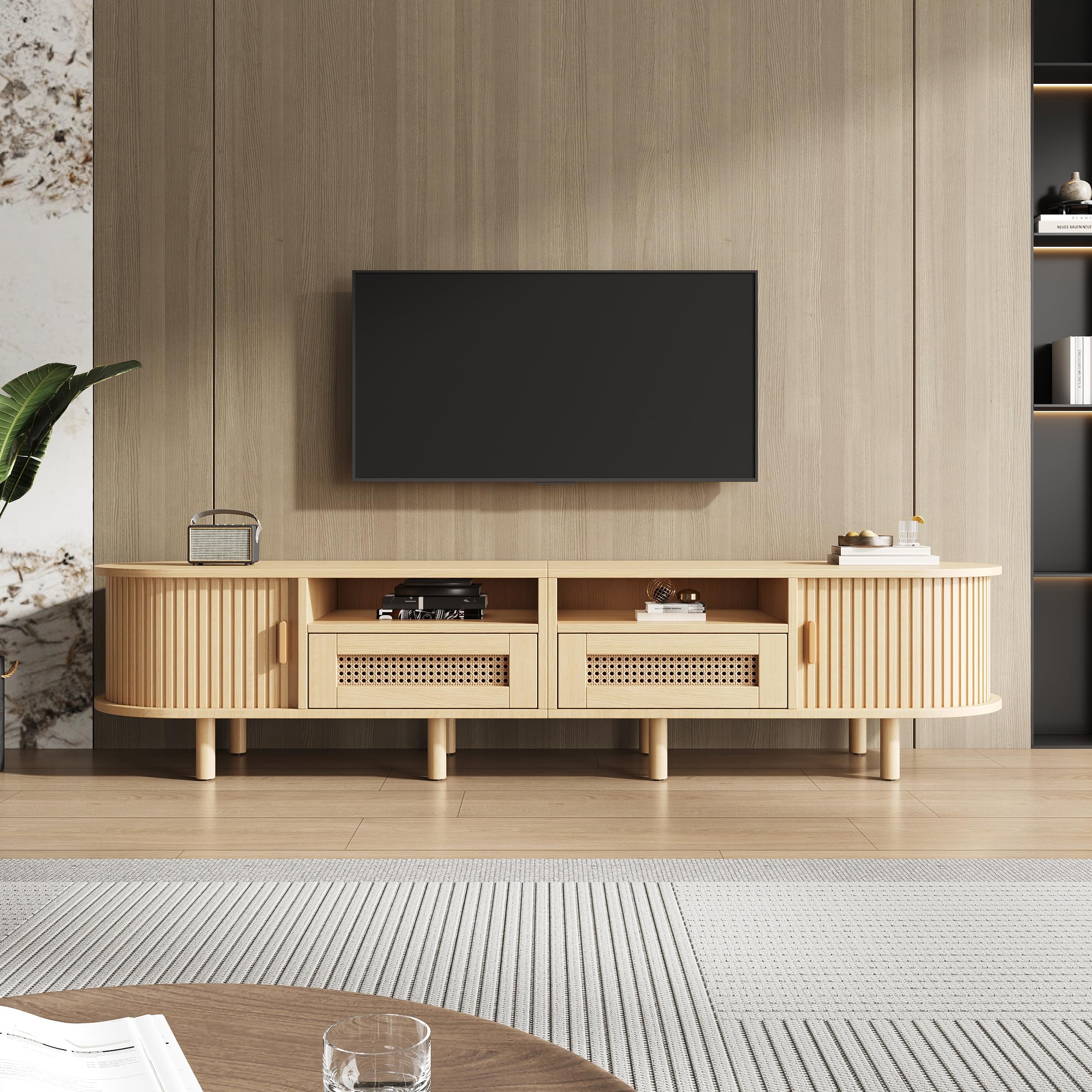 Merax TV Schrank Ovaler in Holzfarbe, Lowboard Fernsehtisch mit 2 Schiebetüren, 2 Rattan-Schubladen, TV-Regal für Fernseher bis zu 70 Zoll, Landhausstil Sideboard Fernsehschrank für Wohnzimmer, 170cm