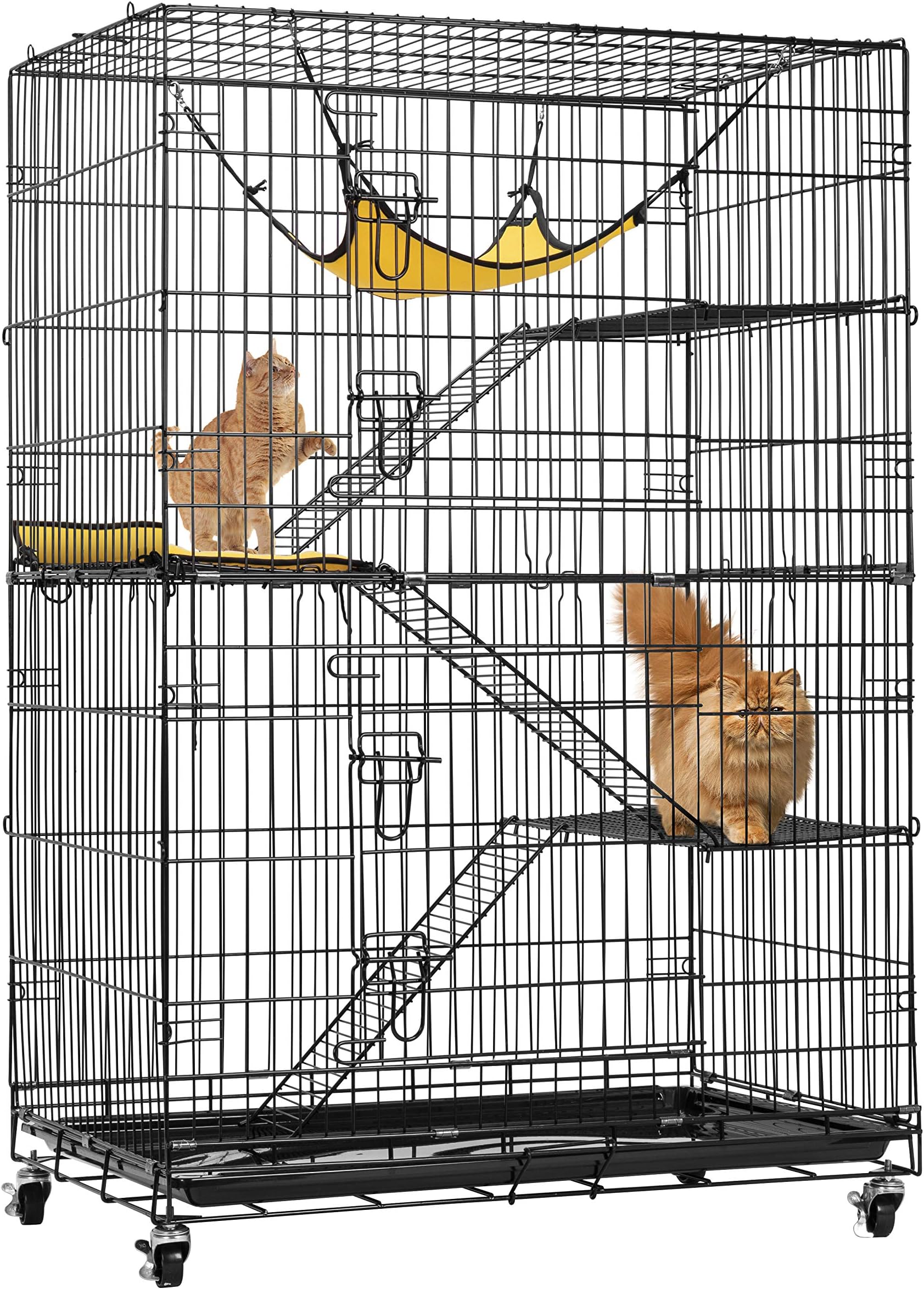 VIVOHOME 4-Tier 49 Inch Collapsible Metal Cat Kitten Ferret Cage 360° Rotating Casters Enclosure Pet Playpen with Ramp Ladders Hammock and Bed Black